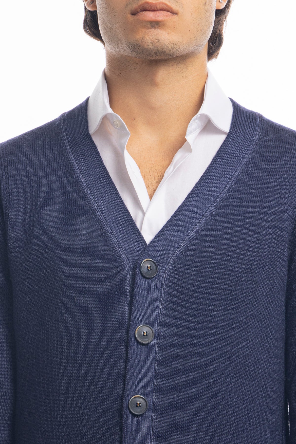 Cardigan da uomo blu lana merinos 100% effetto stone wash maniche lunghe
