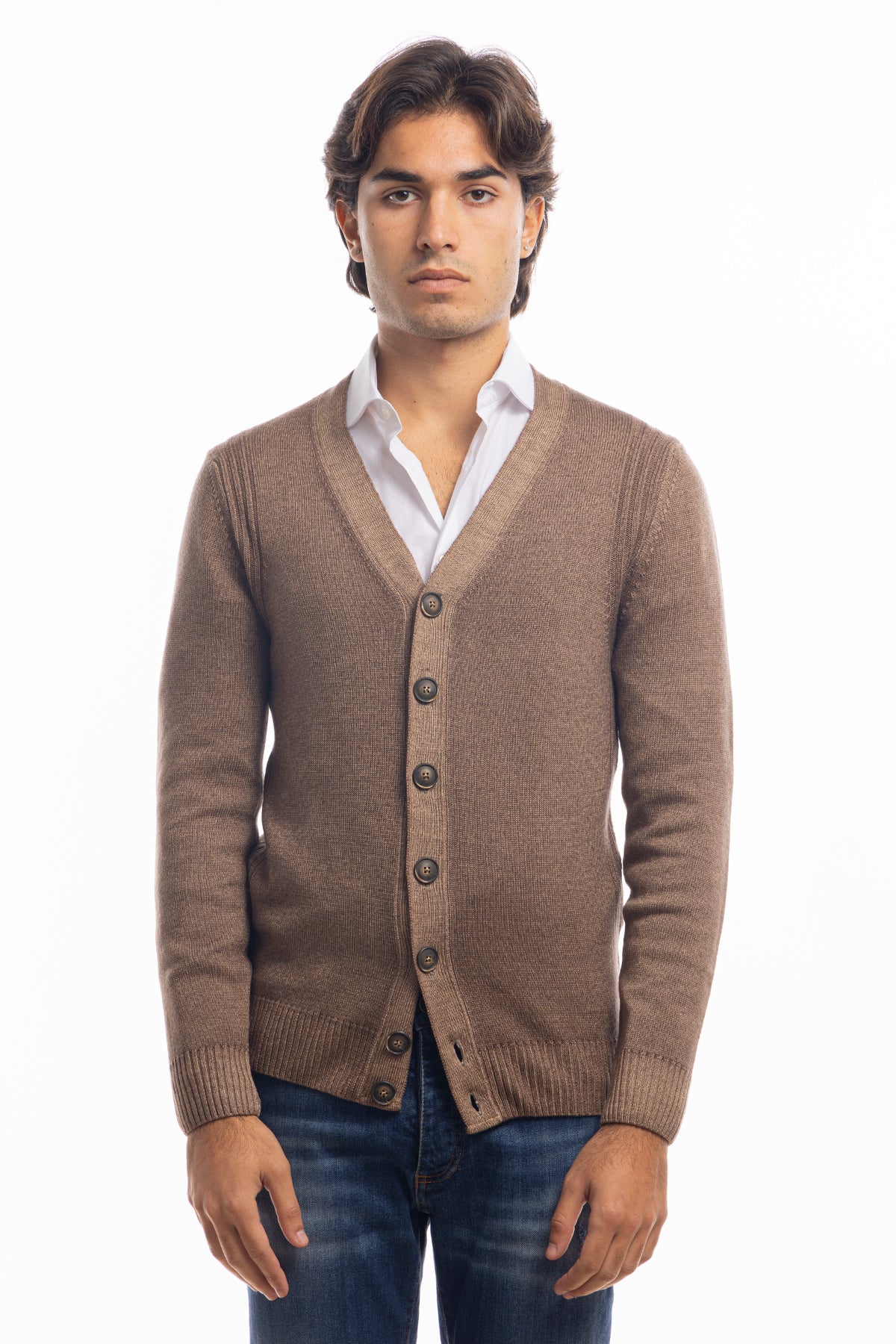 Cardigan da uomo fango lana merinos 100% effetto stone wash maniche lunghe