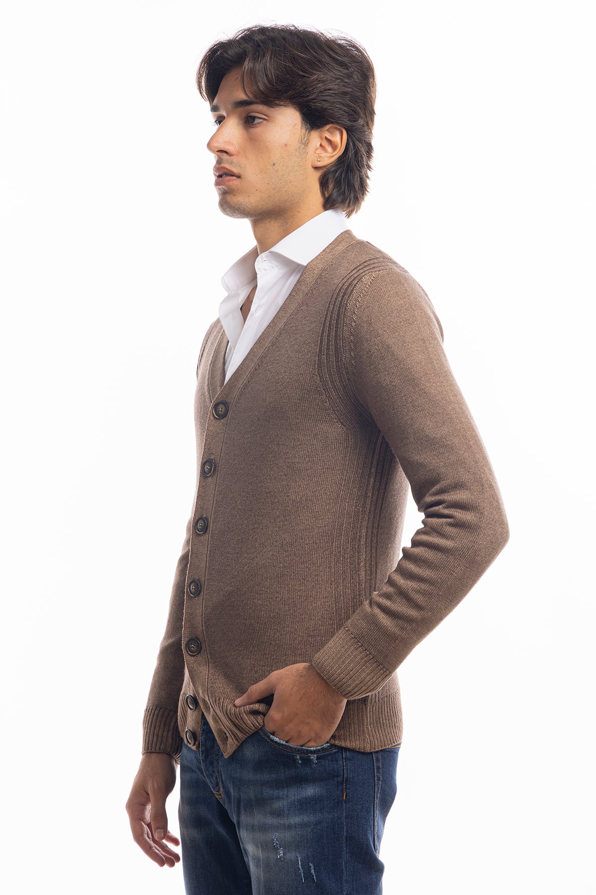 Cardigan da uomo fango lana merinos 100% effetto stone wash maniche lunghe