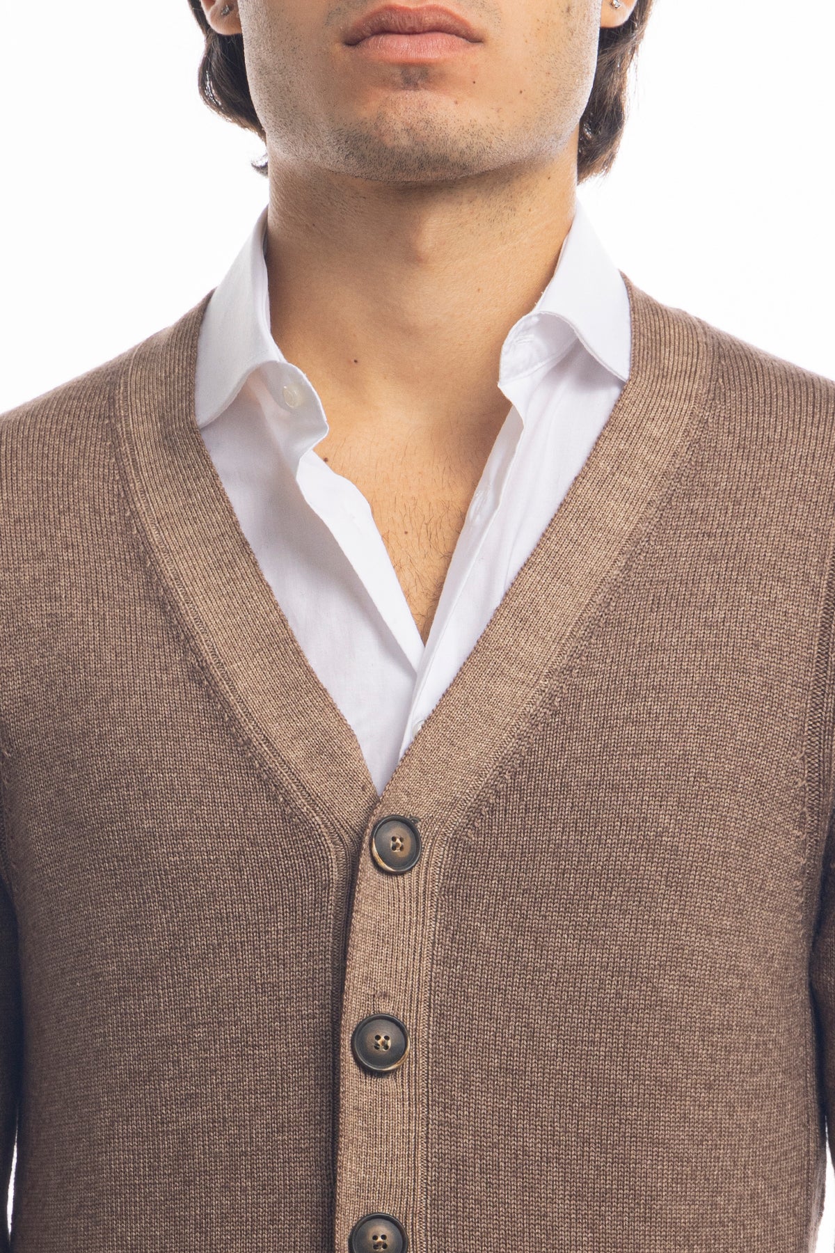 Cardigan da uomo fango lana merinos 100% effetto stone wash maniche lunghe