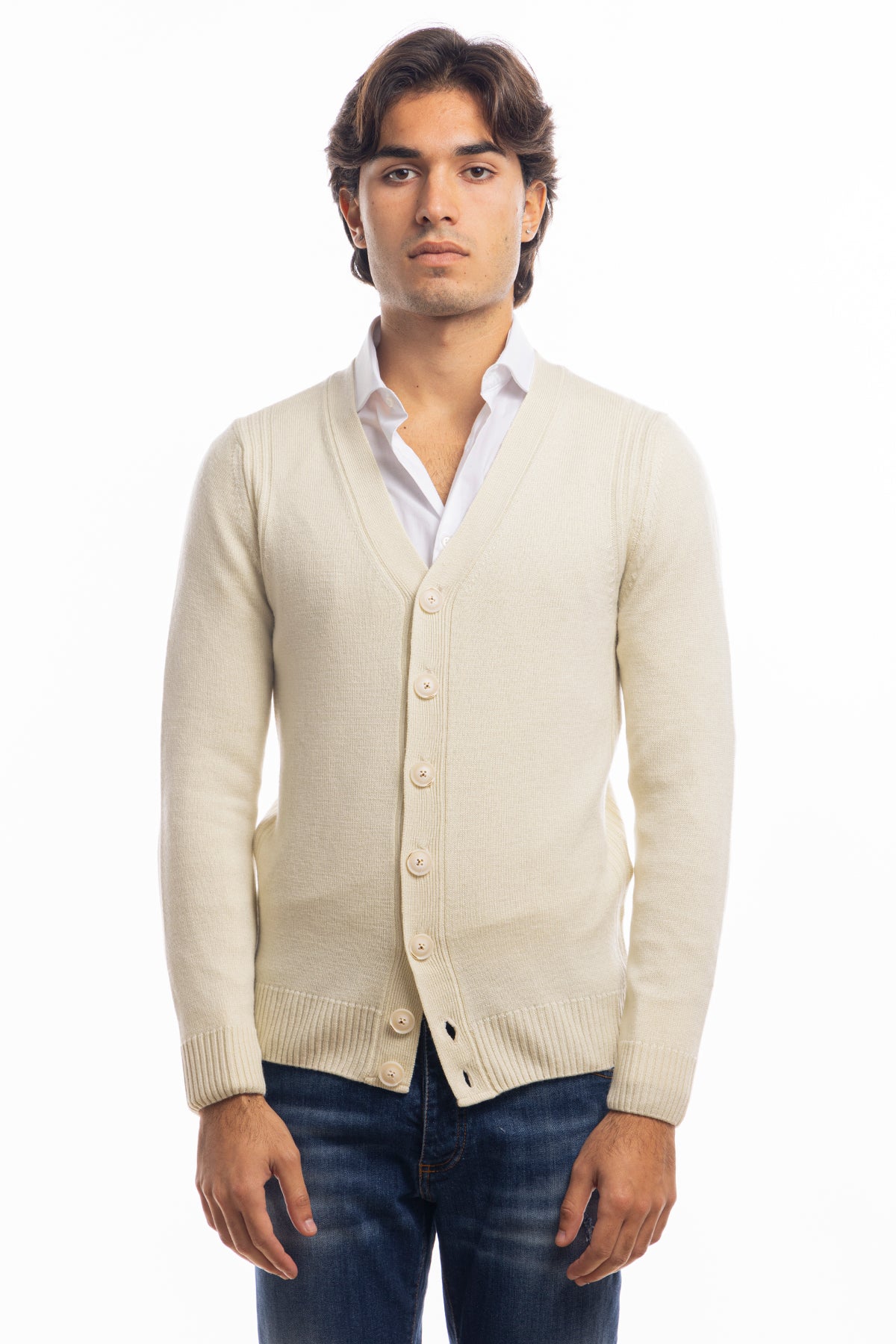 Cardigan da uomo panna lana merinos 100% effetto stone wash maniche lunghe