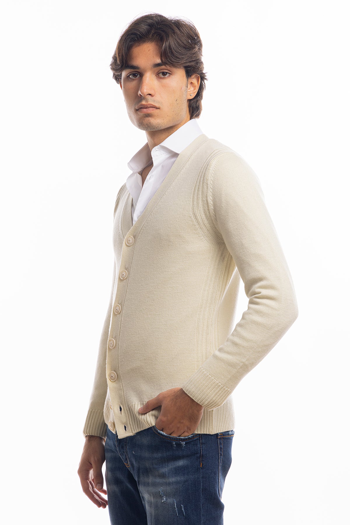 Cardigan da uomo panna lana merinos 100% effetto stone wash maniche lunghe
