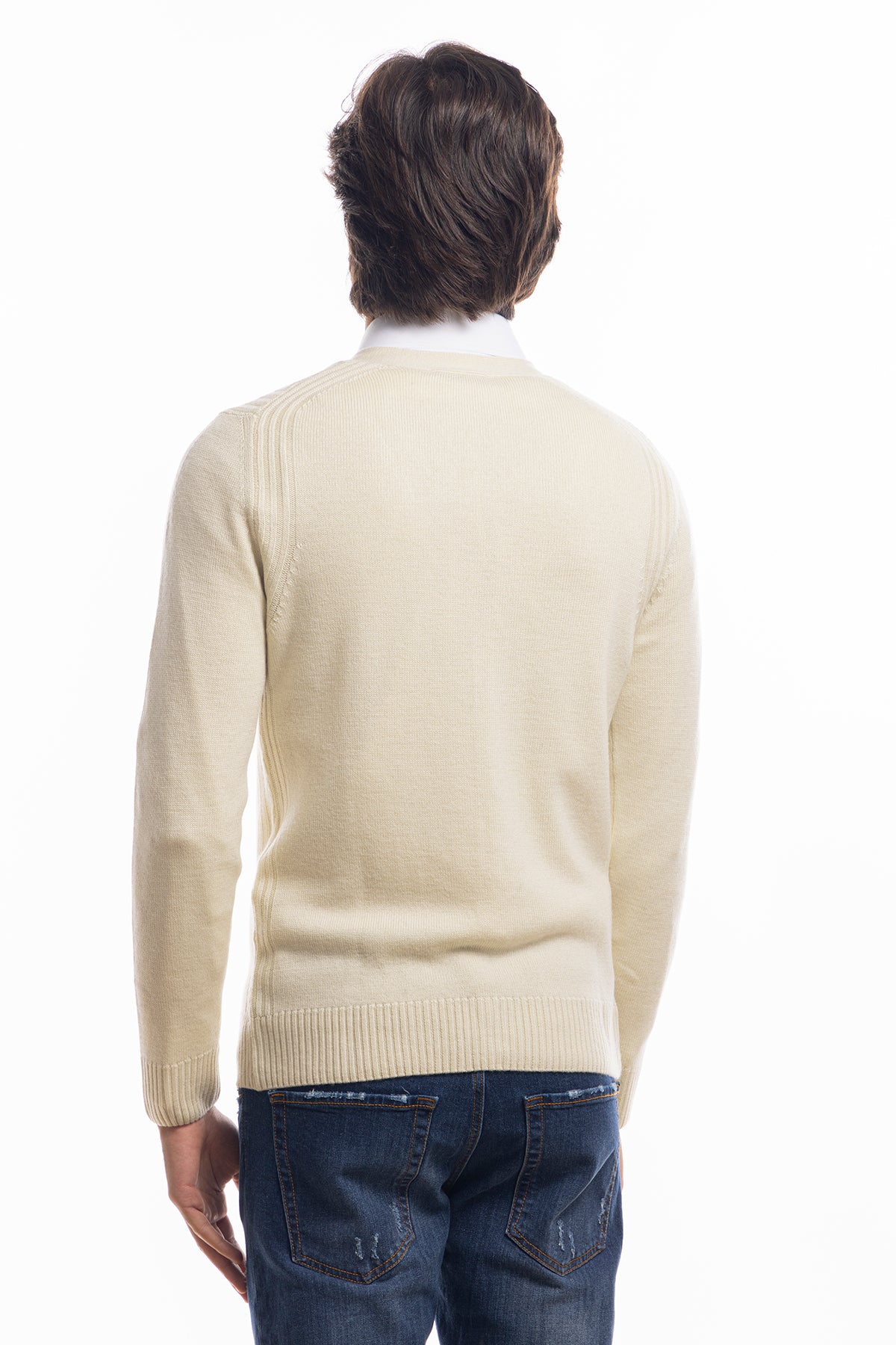 Cardigan da uomo panna lana merinos 100% effetto stone wash maniche lunghe