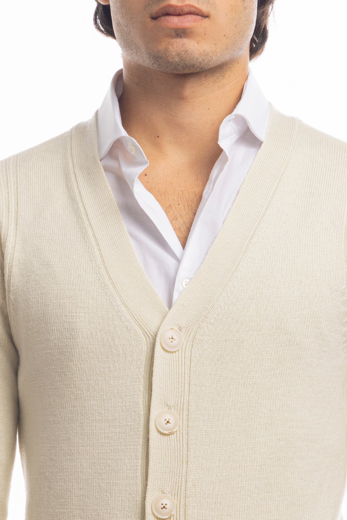 Cardigan da uomo panna lana merinos 100% effetto stone wash maniche lunghe