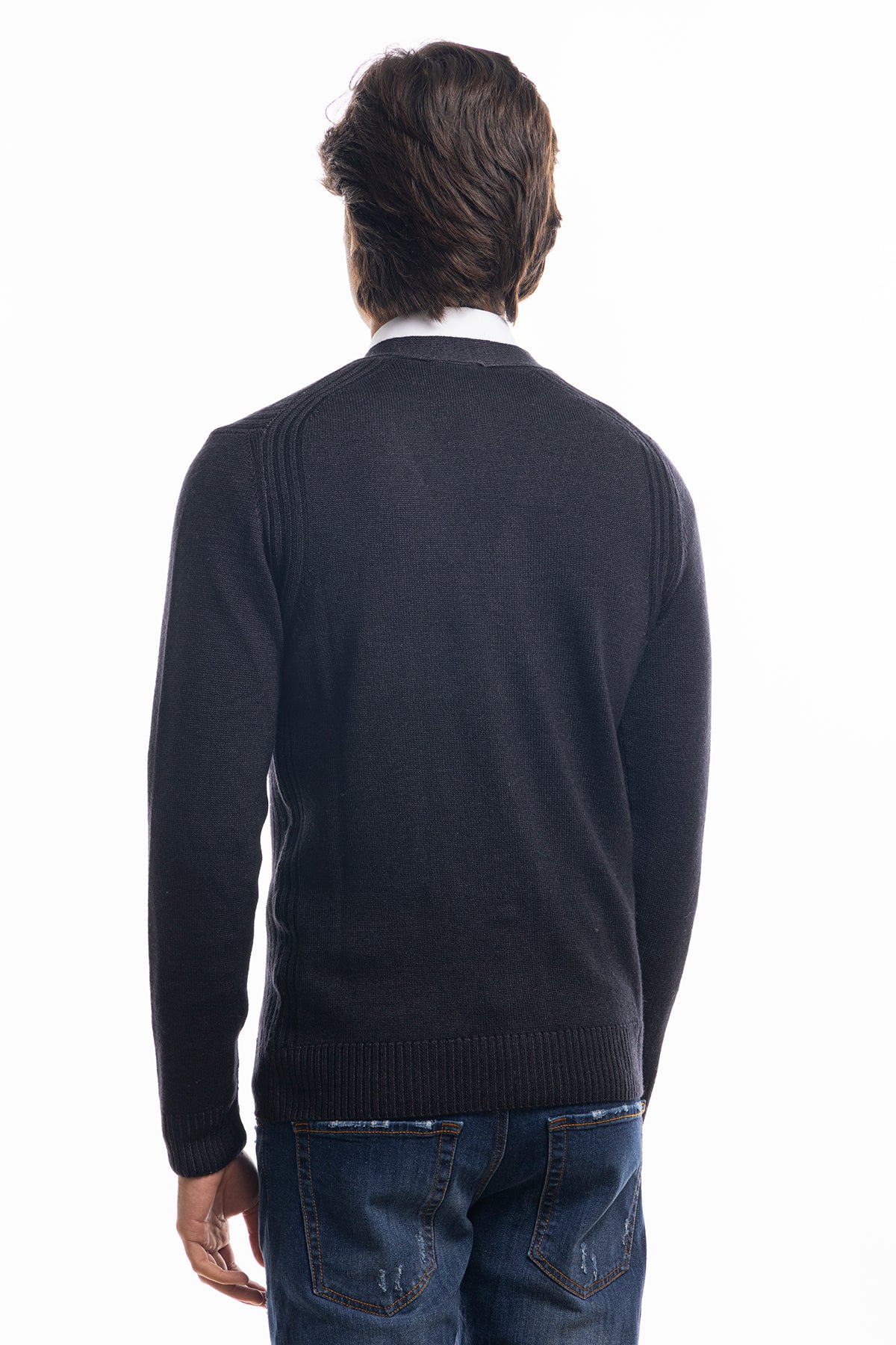 Cardigan da uomo nero lana merinos 100% effetto stone wash maniche lunghe
