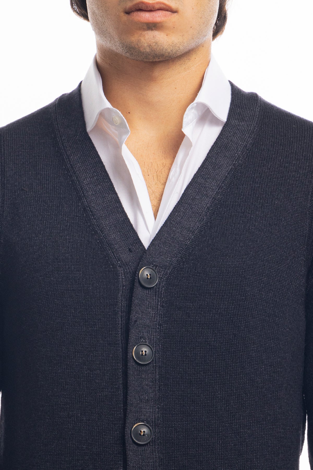 Cardigan da uomo nero lana merinos 100% effetto stone wash maniche lunghe