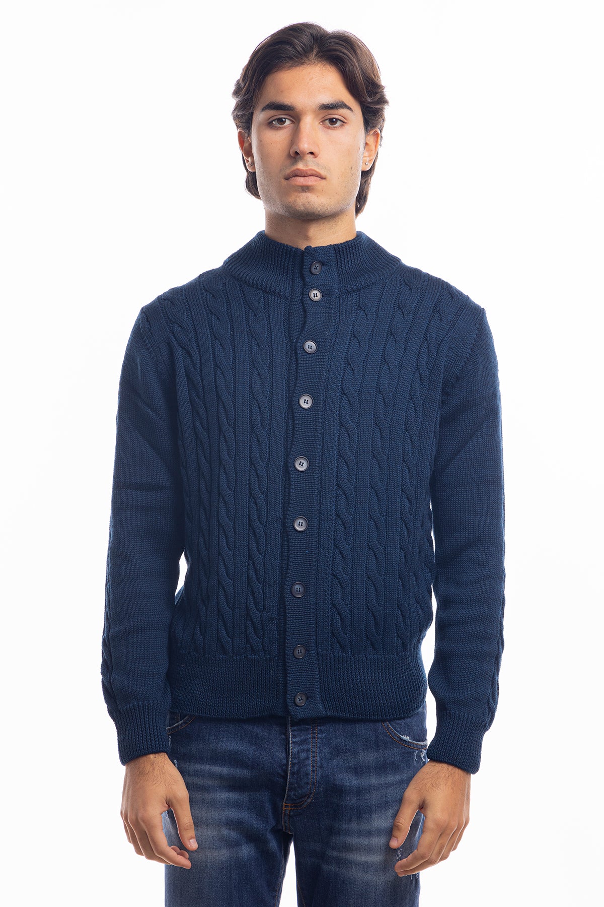 Cardigan da uomo blu in lana grossa con trecce effetto stone wash 9 bottoni maniche lunghe