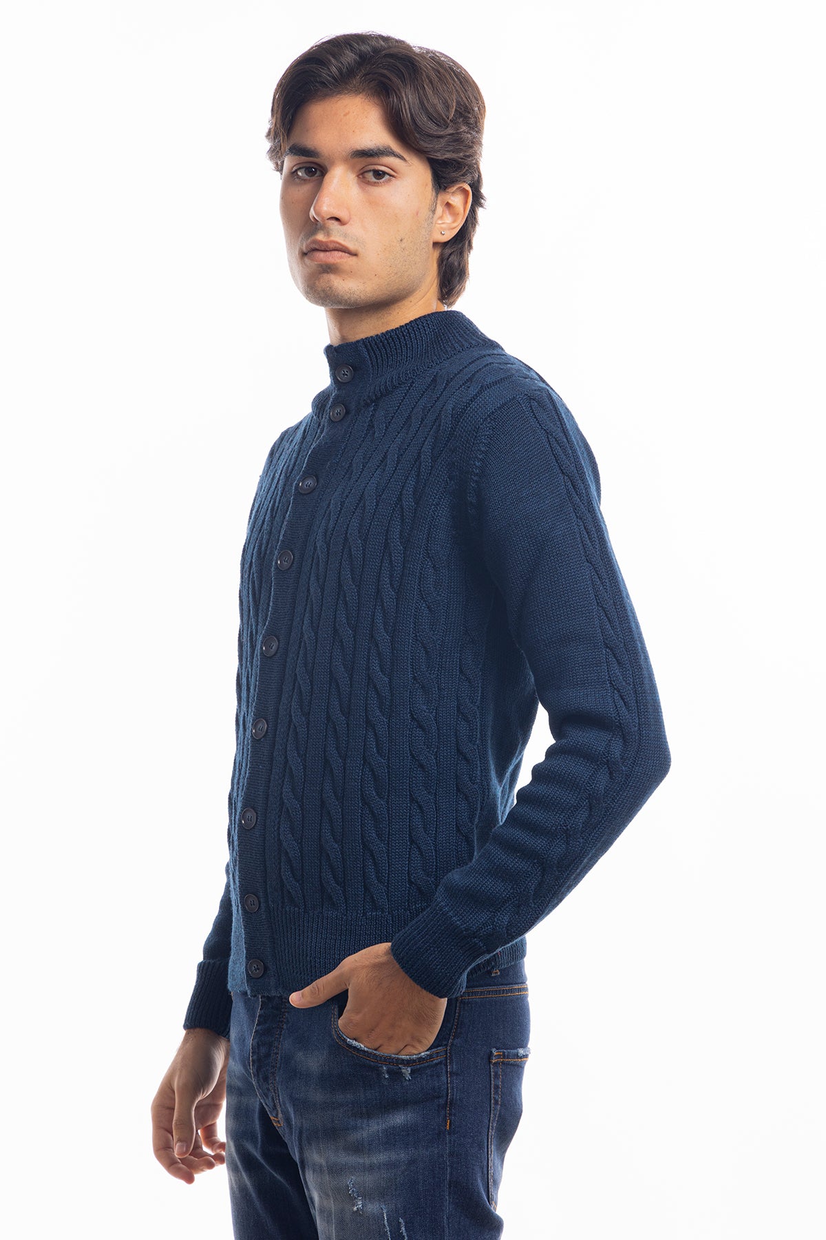 Cardigan da uomo blu in lana grossa con trecce effetto stone wash 9 bottoni maniche lunghe