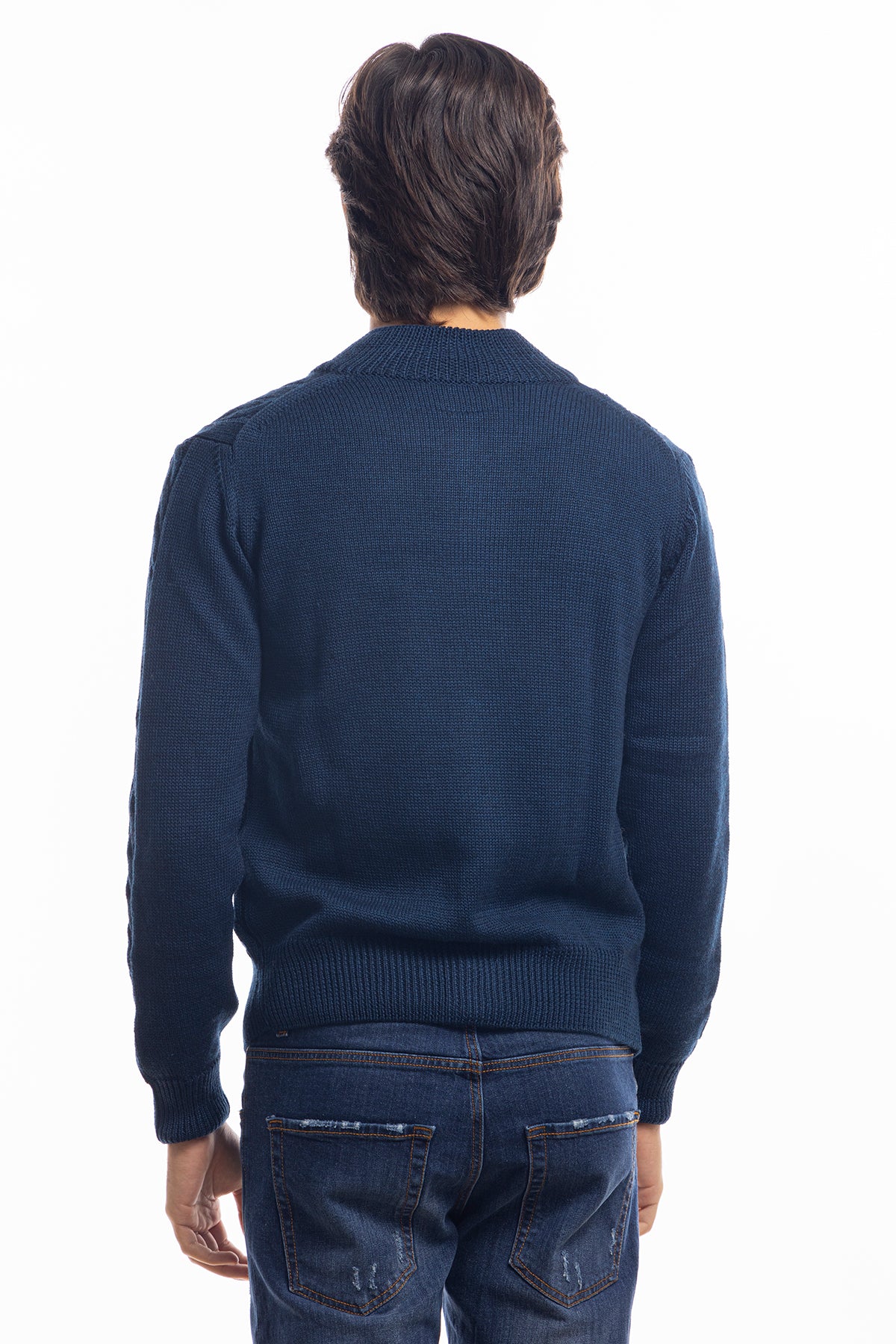 Cardigan da uomo blu in lana grossa con trecce effetto stone wash 9 bottoni maniche lunghe