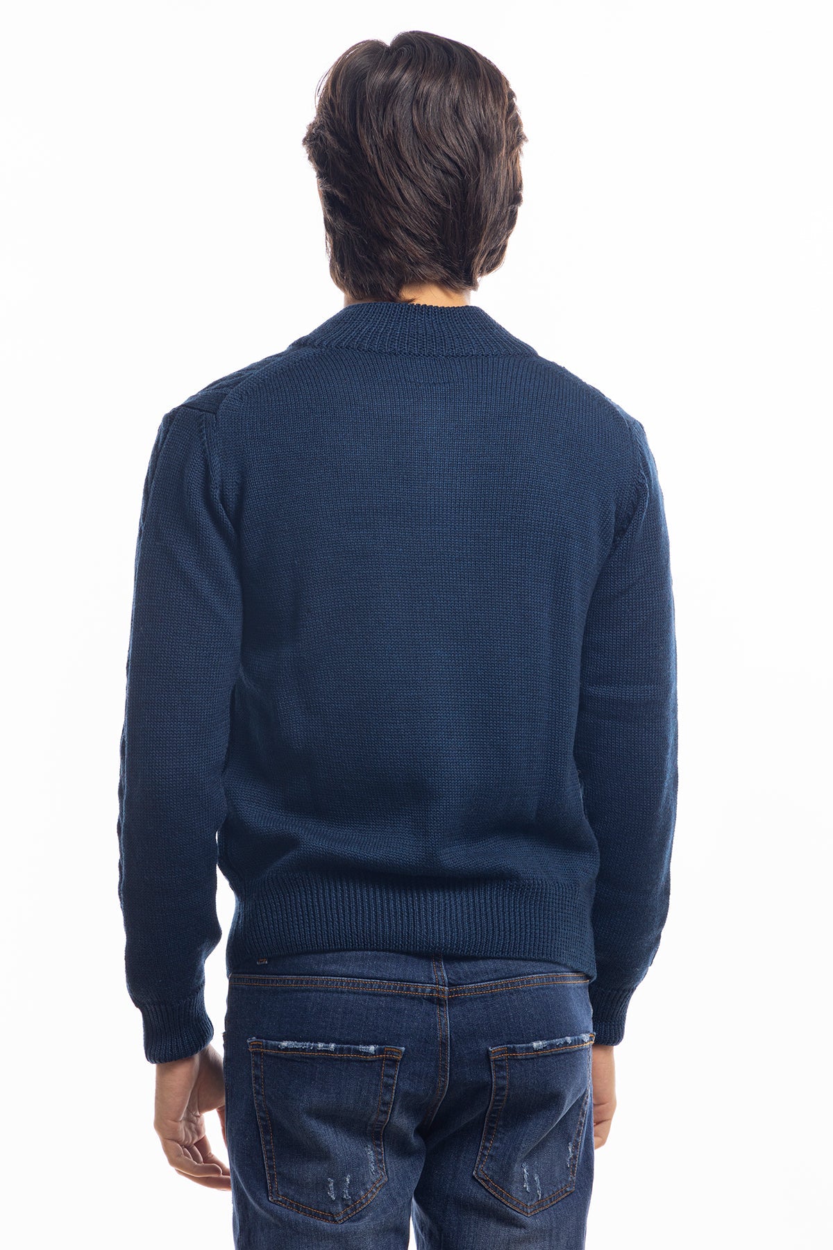 Cardigan da uomo blu in lana grossa con trecce effetto stone wash 9 bottoni maniche lunghe