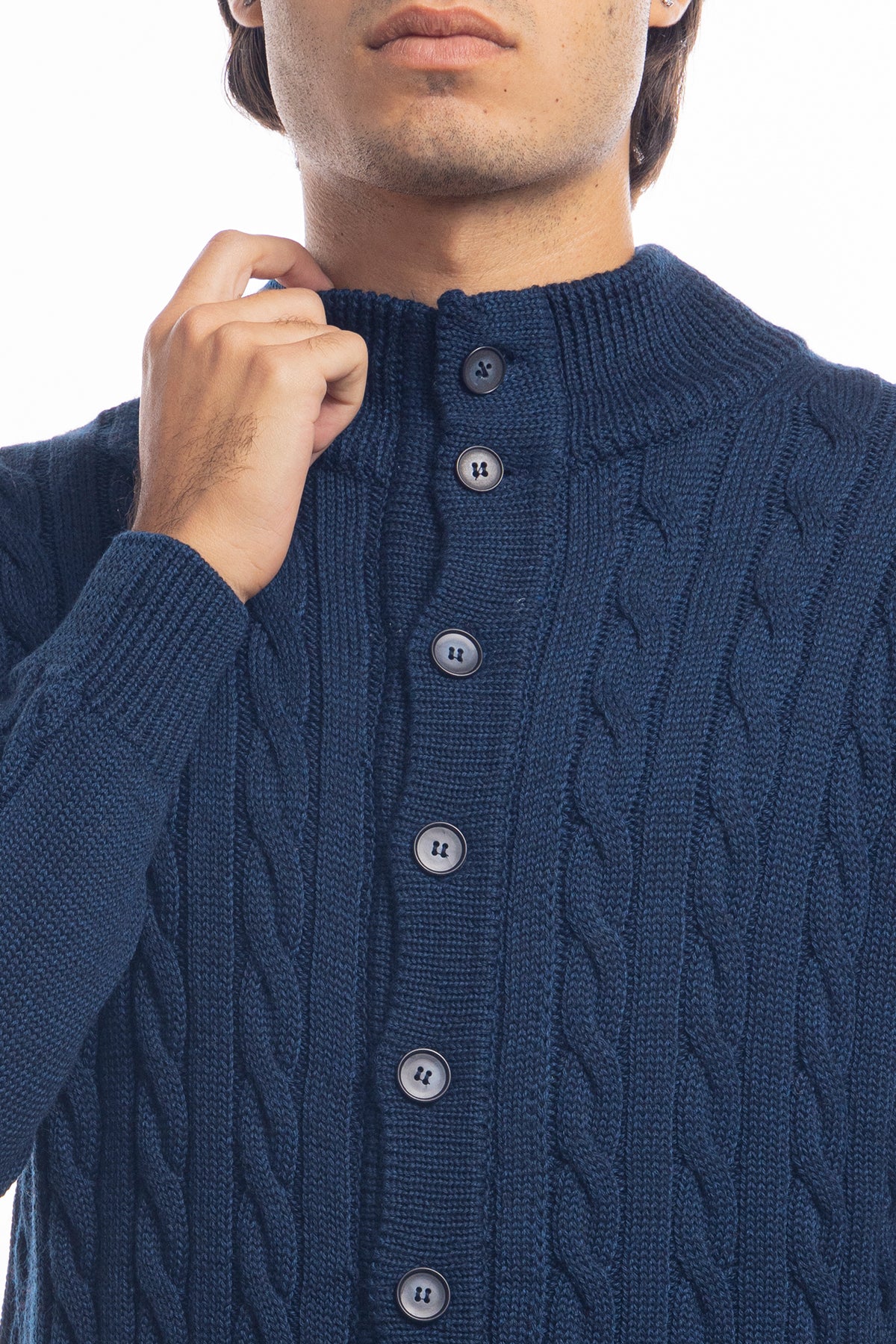 Cardigan da uomo blu in lana grossa con trecce effetto stone wash 9 bottoni maniche lunghe