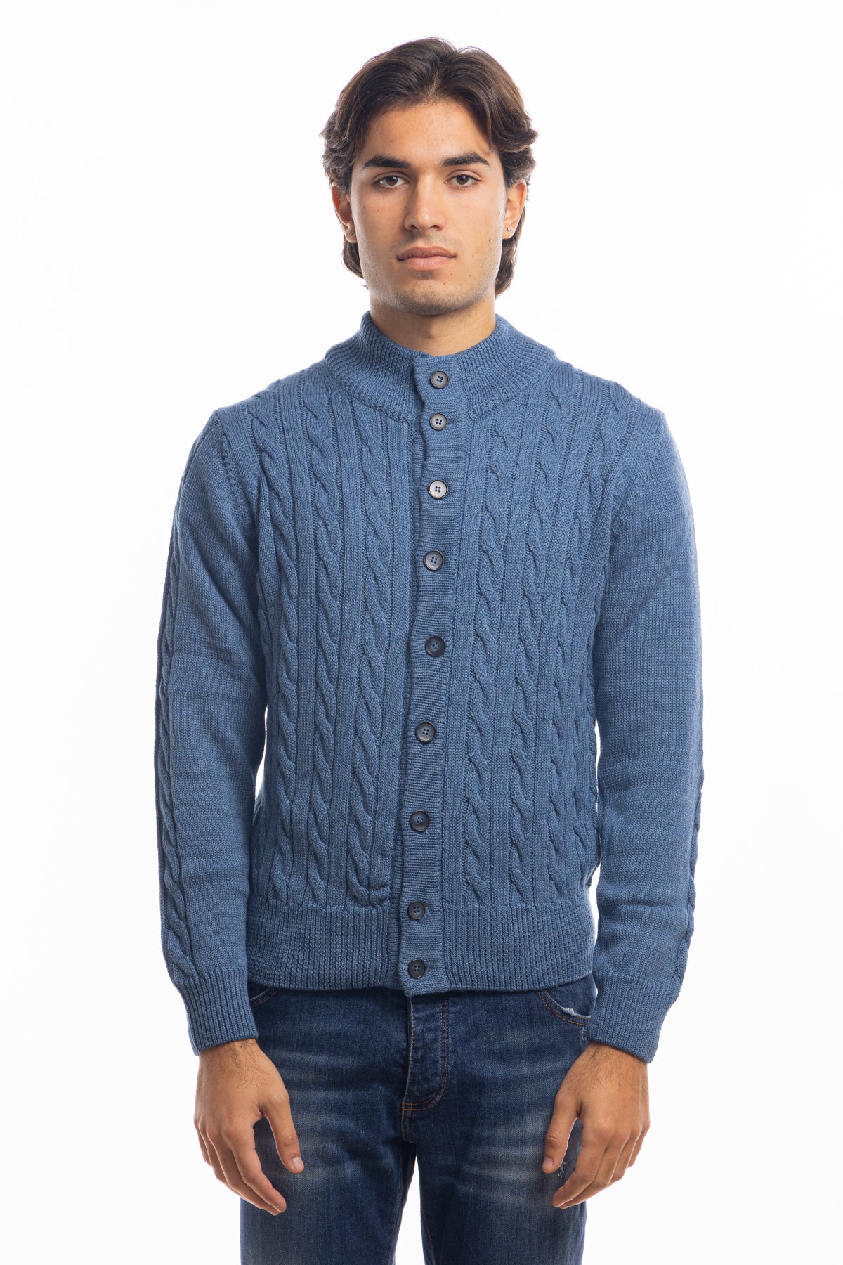Cardigan da uomo blu denim in lana grossa con trecce effetto stone wash 9 bottoni maniche lunghe