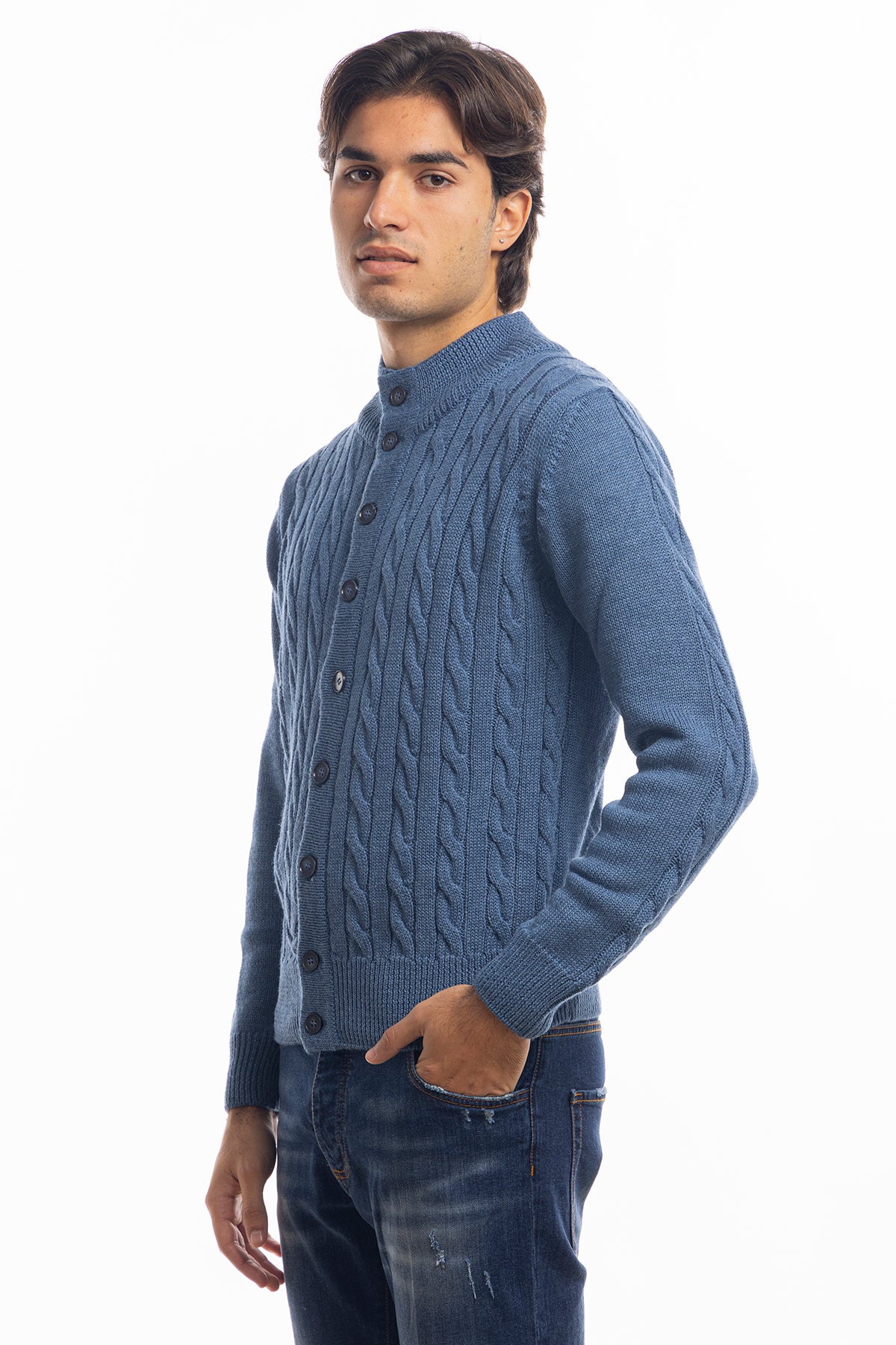 Cardigan da uomo blu denim in lana grossa con trecce effetto stone wash 9 bottoni maniche lunghe