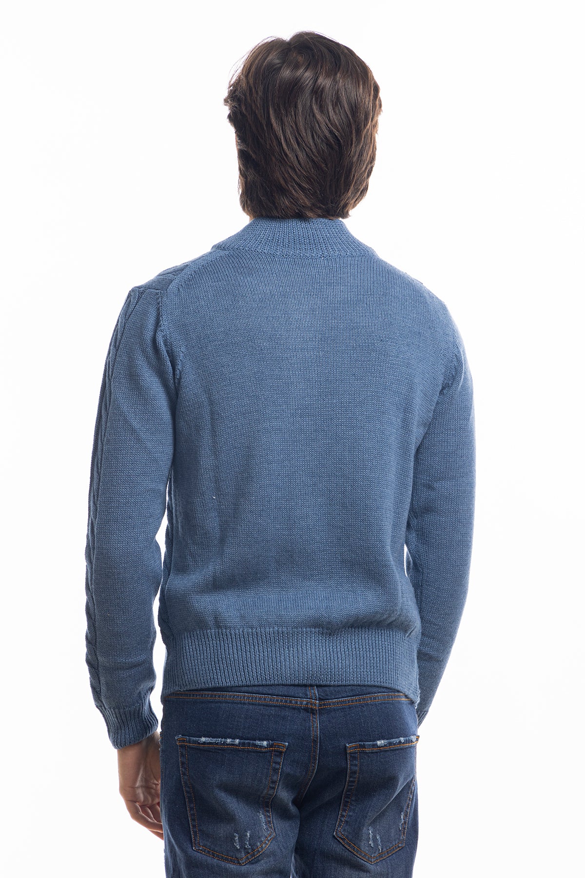 Cardigan da uomo blu denim in lana grossa con trecce effetto stone wash 9 bottoni maniche lunghe