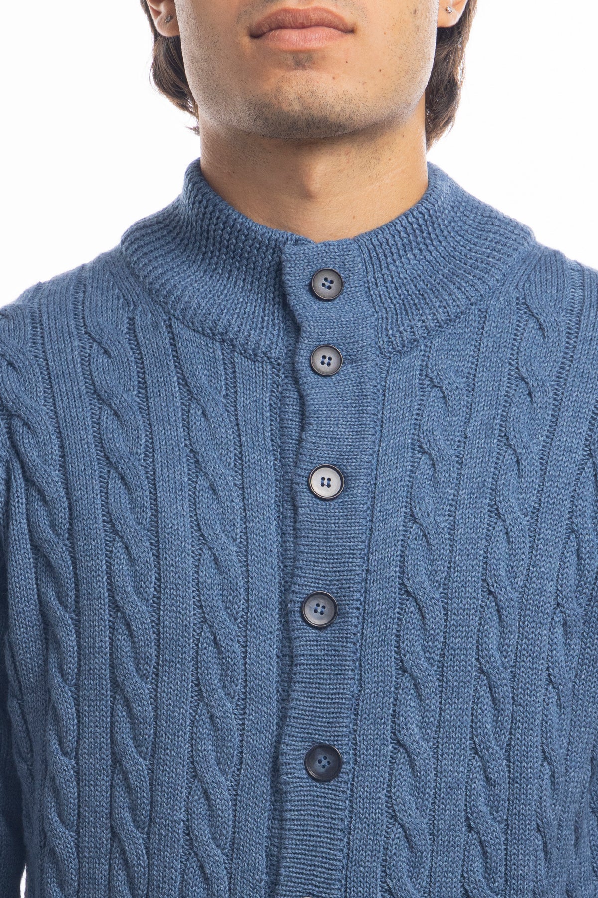 Cardigan da uomo blu denim in lana grossa con trecce effetto stone wash 9 bottoni maniche lunghe