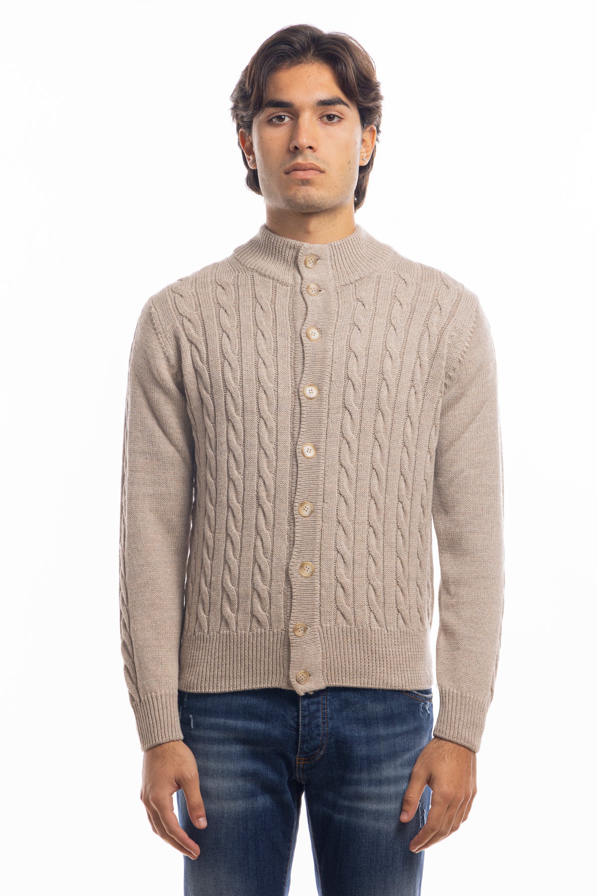 Cardigan da uomo beige in lana grossa con trecce effetto stone wash 9 bottoni maniche lunghe