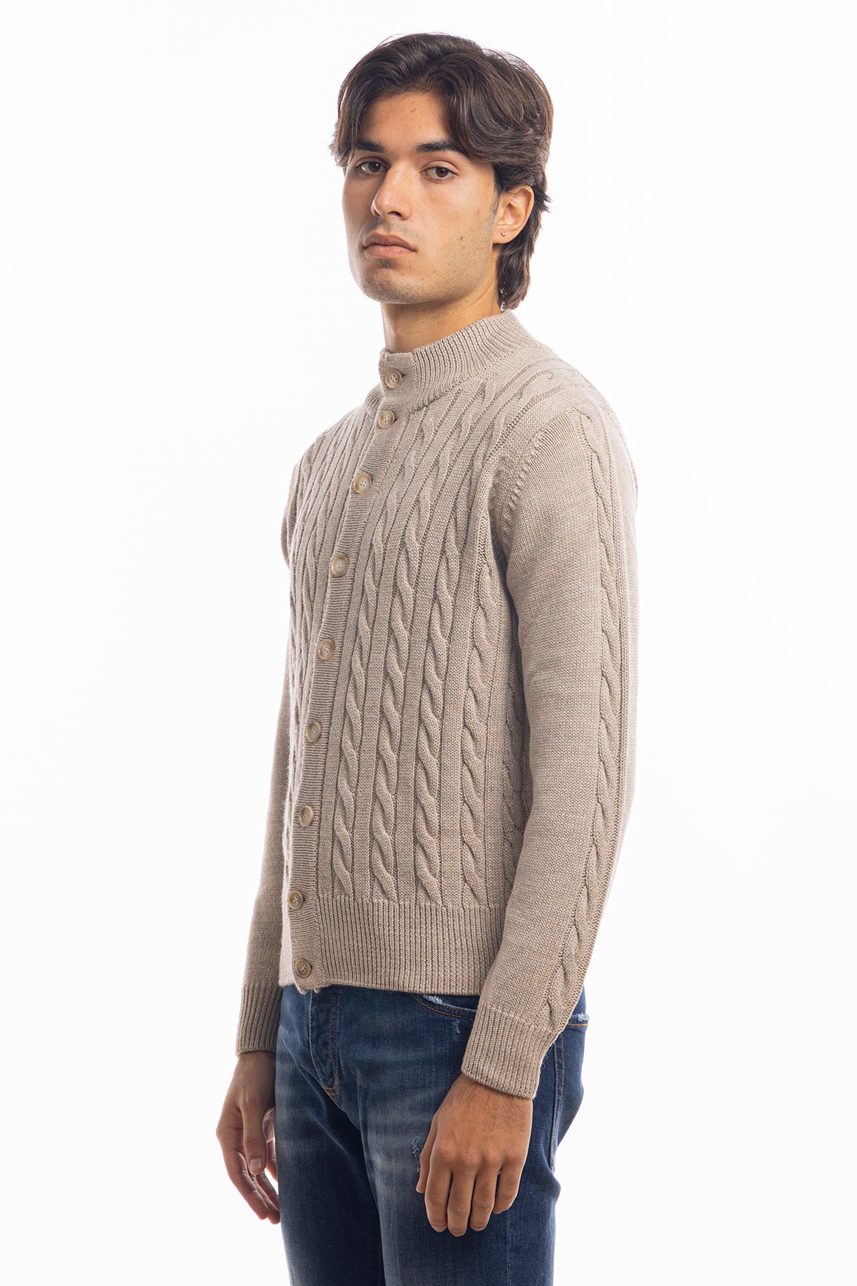 Cardigan da uomo beige in lana grossa con trecce effetto stone wash 9 bottoni maniche lunghe