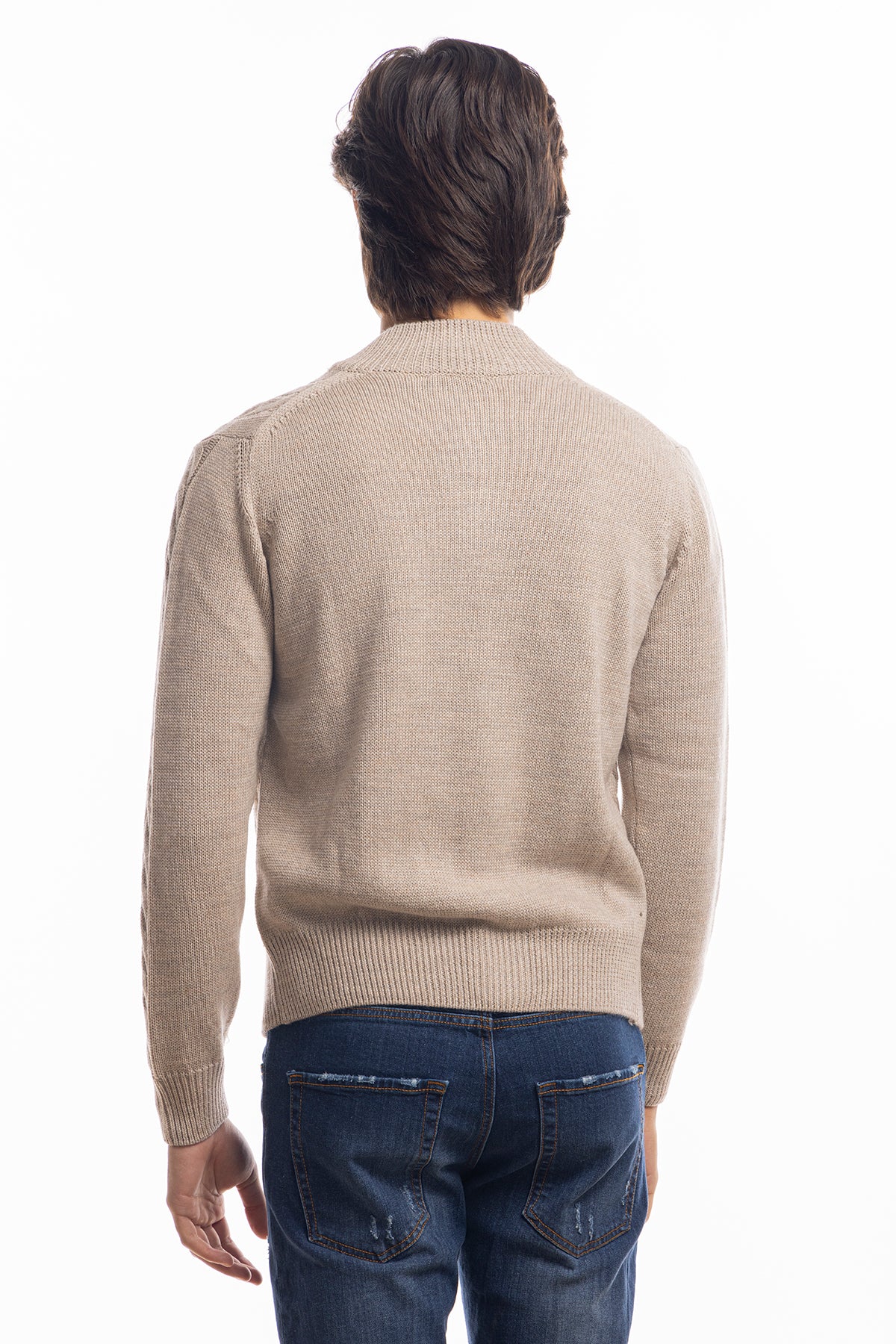 Cardigan da uomo beige in lana grossa con trecce effetto stone wash 9 bottoni maniche lunghe
