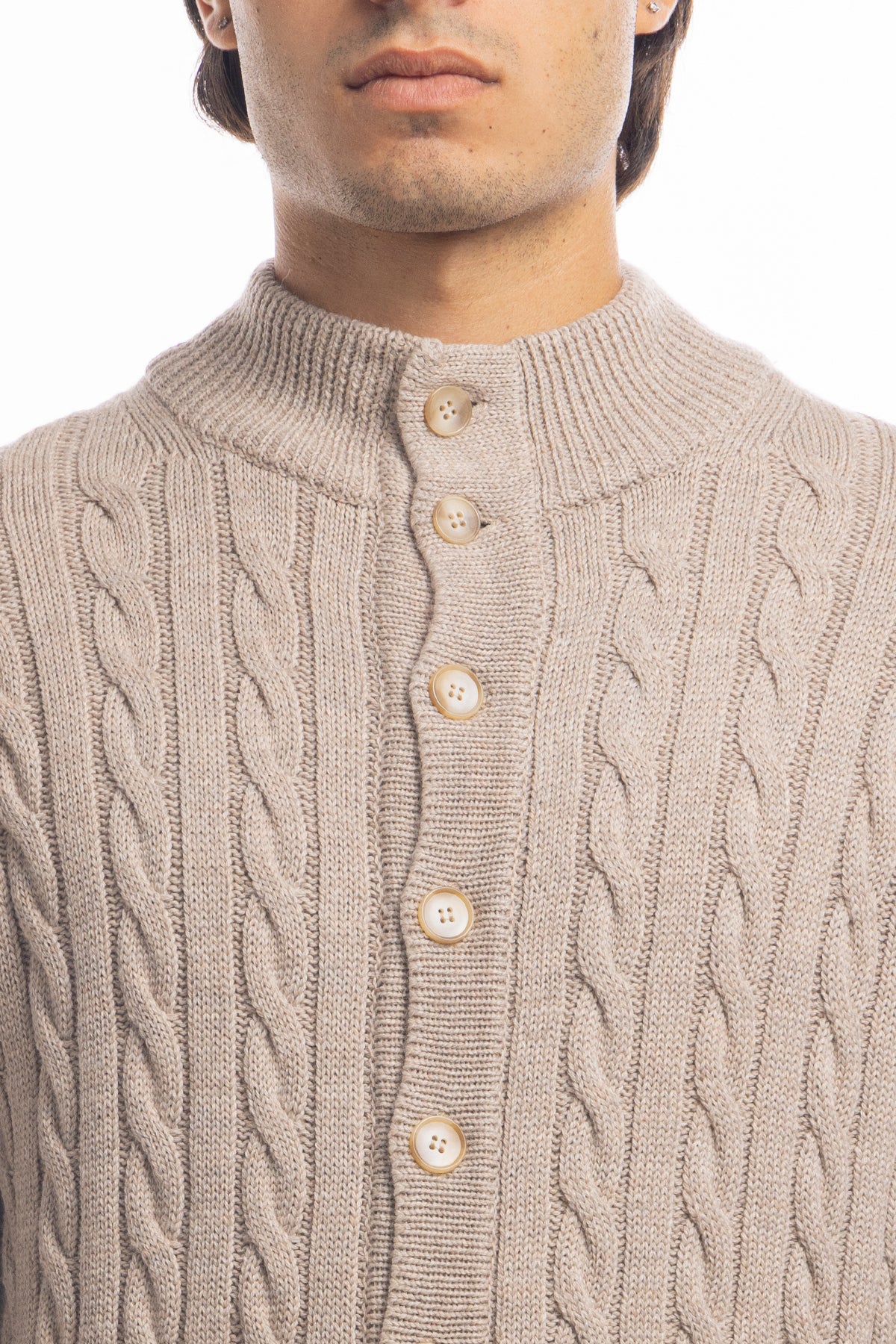 Cardigan da uomo beige in lana grossa con trecce effetto stone wash 9 bottoni maniche lunghe