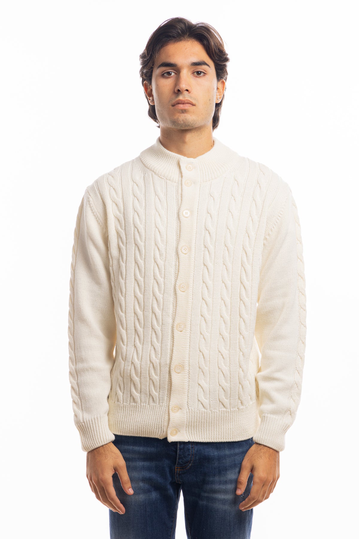 Cardigan da uomo bianco in lana grossa con trecce effetto stone wash 9 bottoni maniche lunghe