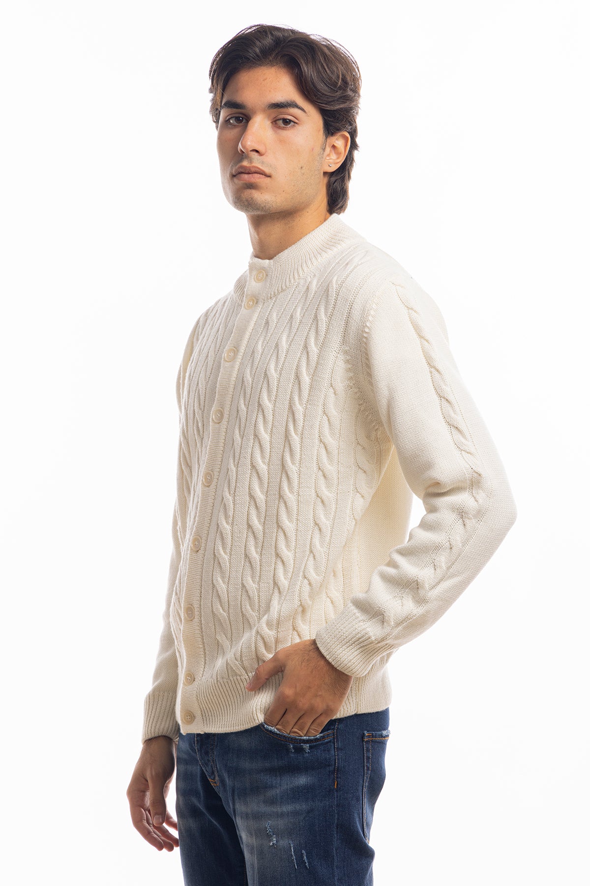 Cardigan da uomo bianco in lana grossa con trecce effetto stone wash 9 bottoni maniche lunghe
