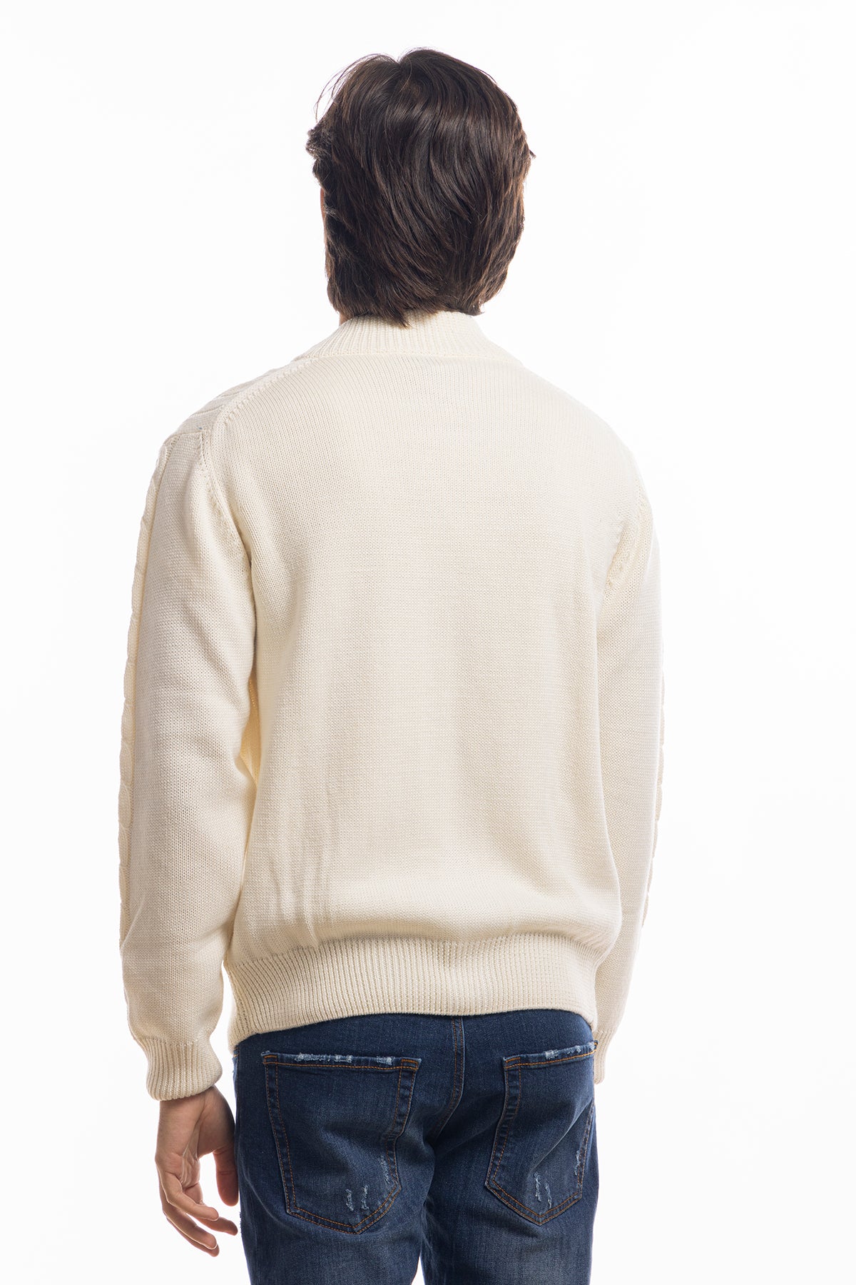 Cardigan da uomo bianco in lana grossa con trecce effetto stone wash 9 bottoni maniche lunghe