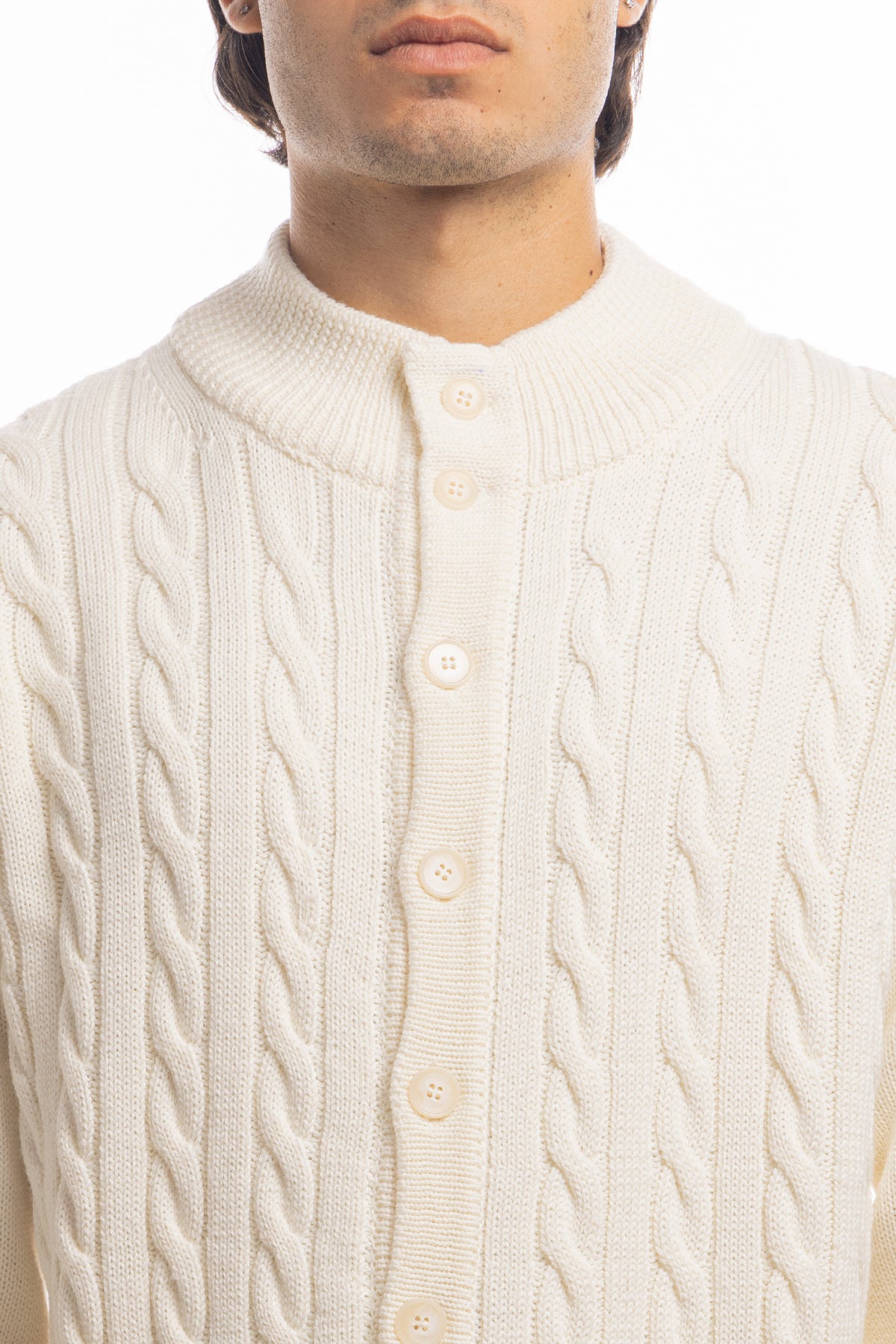 Cardigan da uomo bianco in lana grossa con trecce effetto stone wash 9 bottoni maniche lunghe