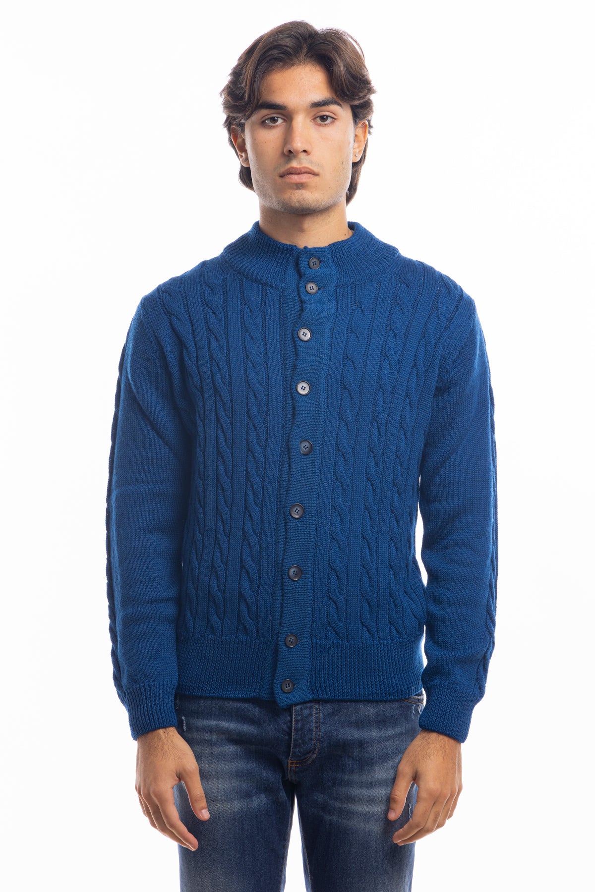 Cardigan da uomo royal blu in lana grossa con trecce effetto stone wash 9 bottoni maniche lunghe