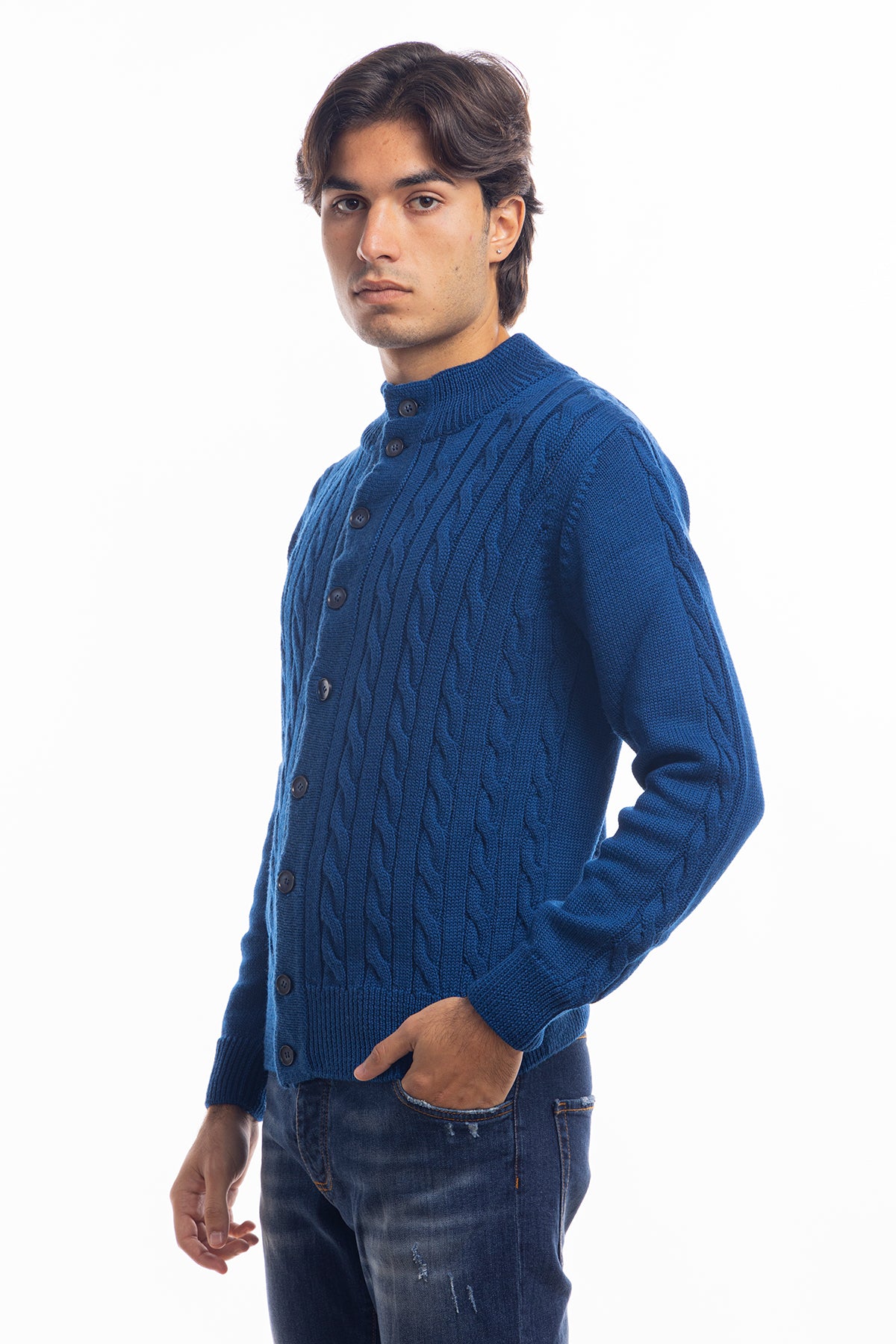 Cardigan da uomo royal blu in lana grossa con trecce effetto stone wash 9 bottoni maniche lunghe