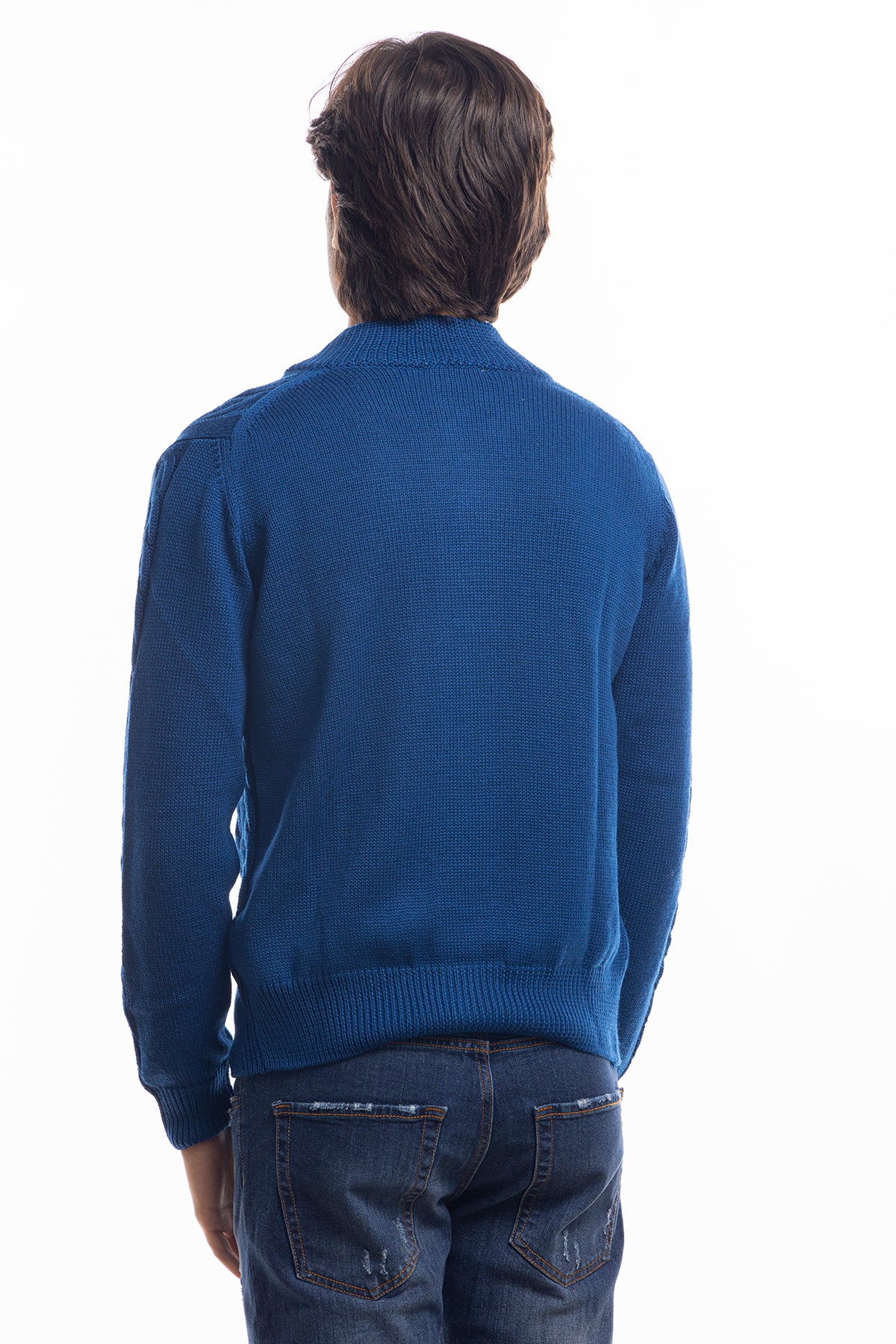 Cardigan da uomo royal blu in lana grossa con trecce effetto stone wash 9 bottoni maniche lunghe