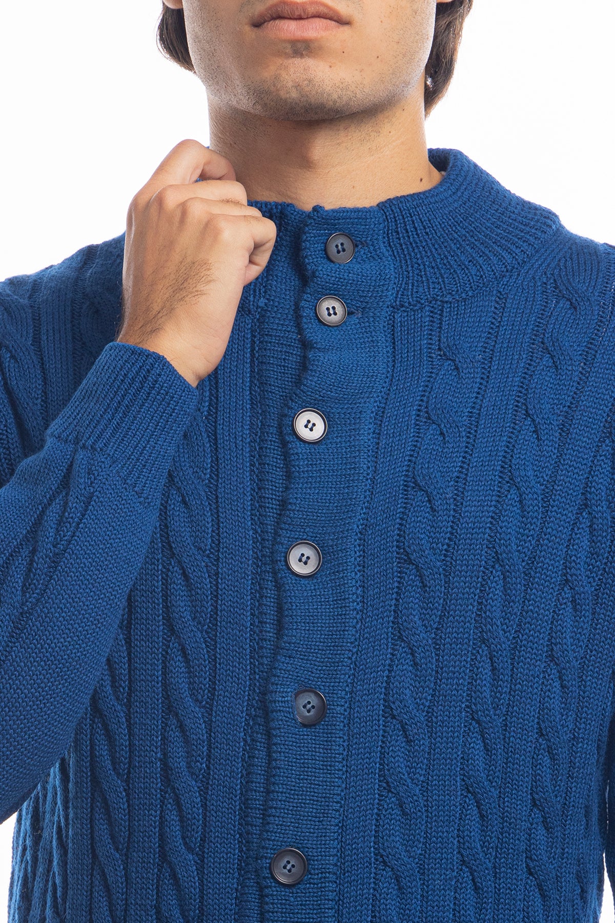 Cardigan da uomo royal blu in lana grossa con trecce effetto stone wash 9 bottoni maniche lunghe