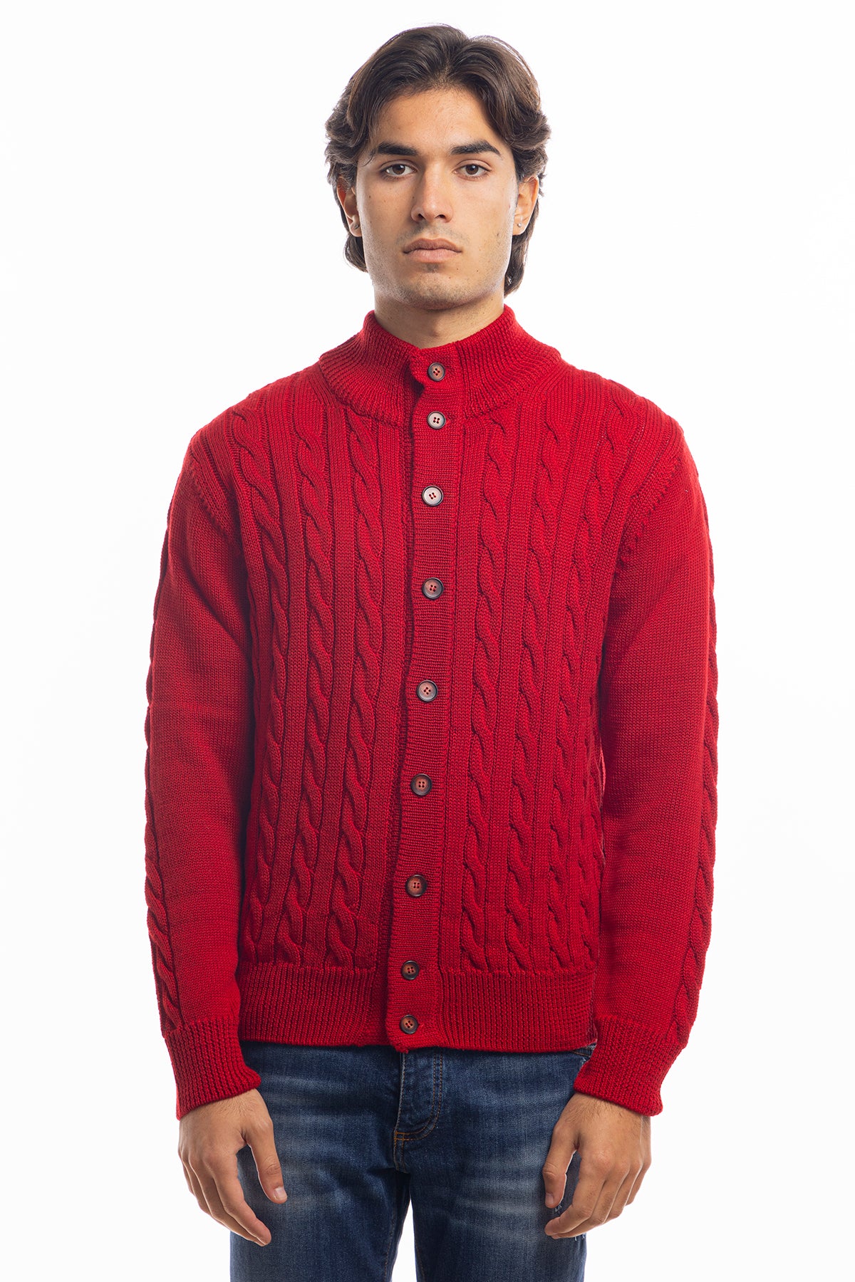 Cardigan da uomo rosso in lana grossa con trecce effetto stone wash 9 bottoni maniche lunghe