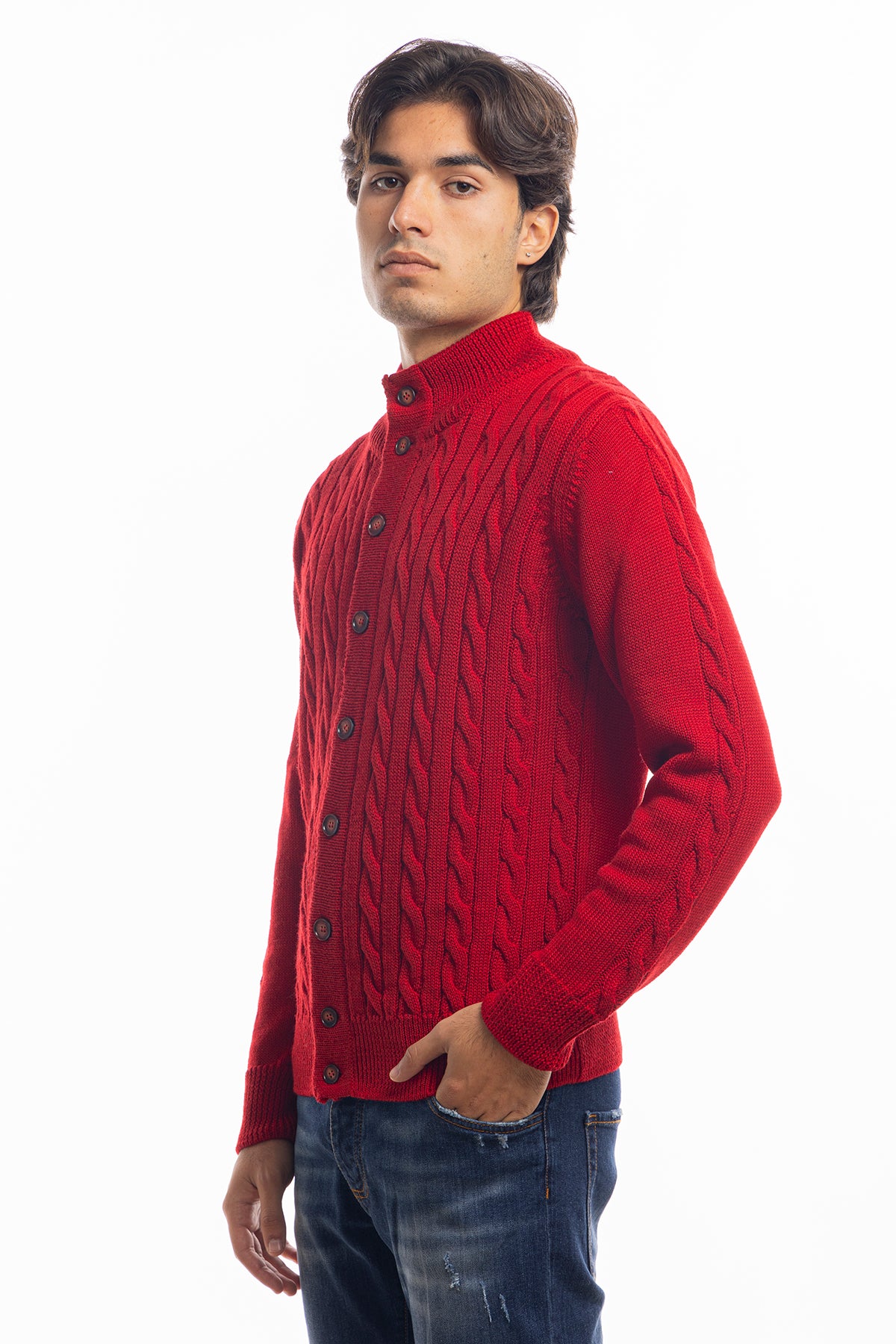 Cardigan da uomo rosso in lana grossa con trecce effetto stone wash 9 bottoni maniche lunghe