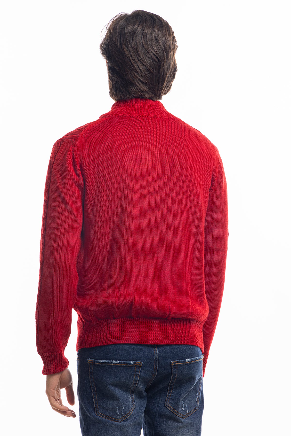 Cardigan da uomo rosso in lana grossa con trecce effetto stone wash 9 bottoni maniche lunghe