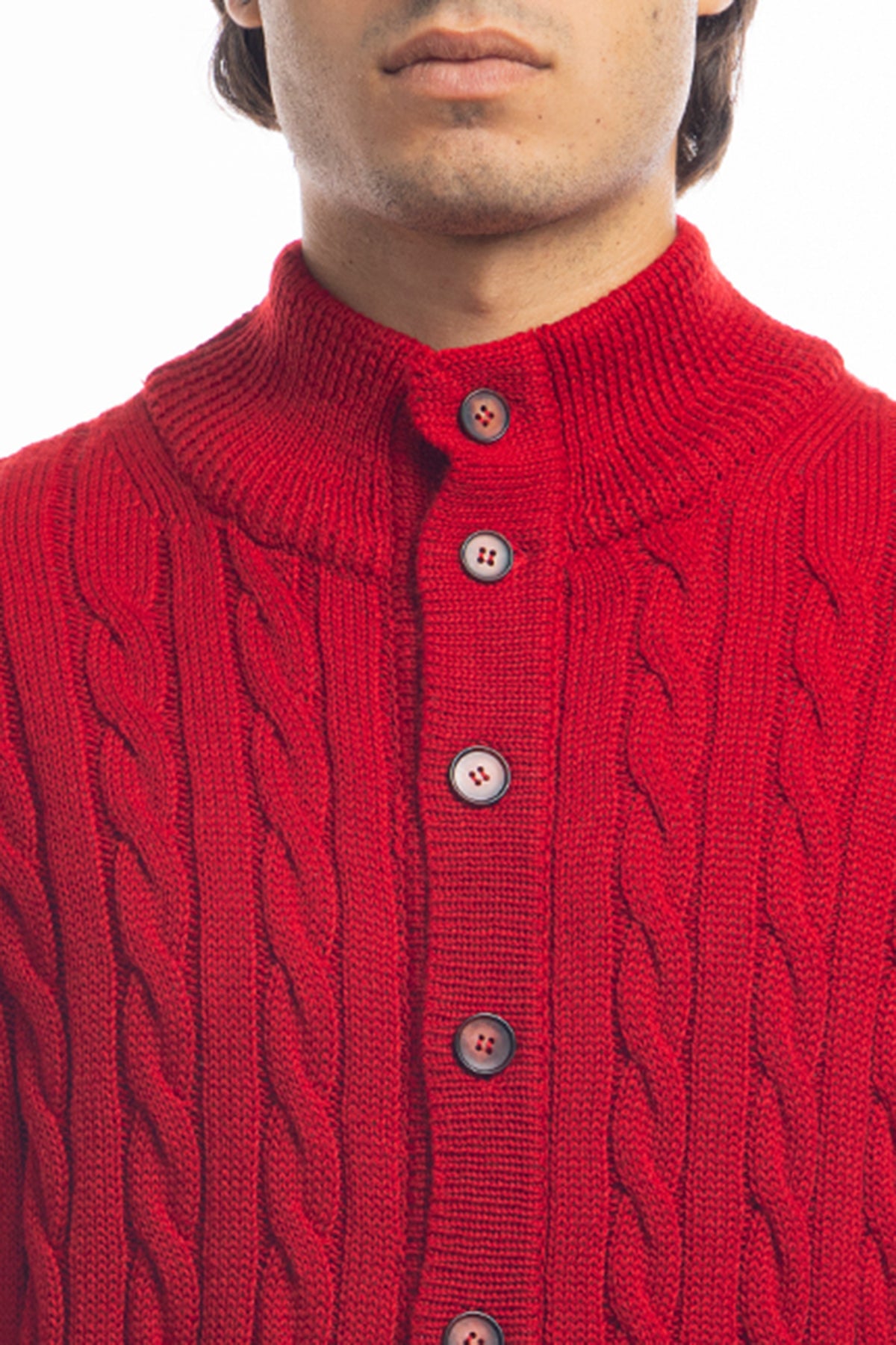 Cardigan da uomo rosso in lana grossa con trecce effetto stone wash 9 bottoni maniche lunghe