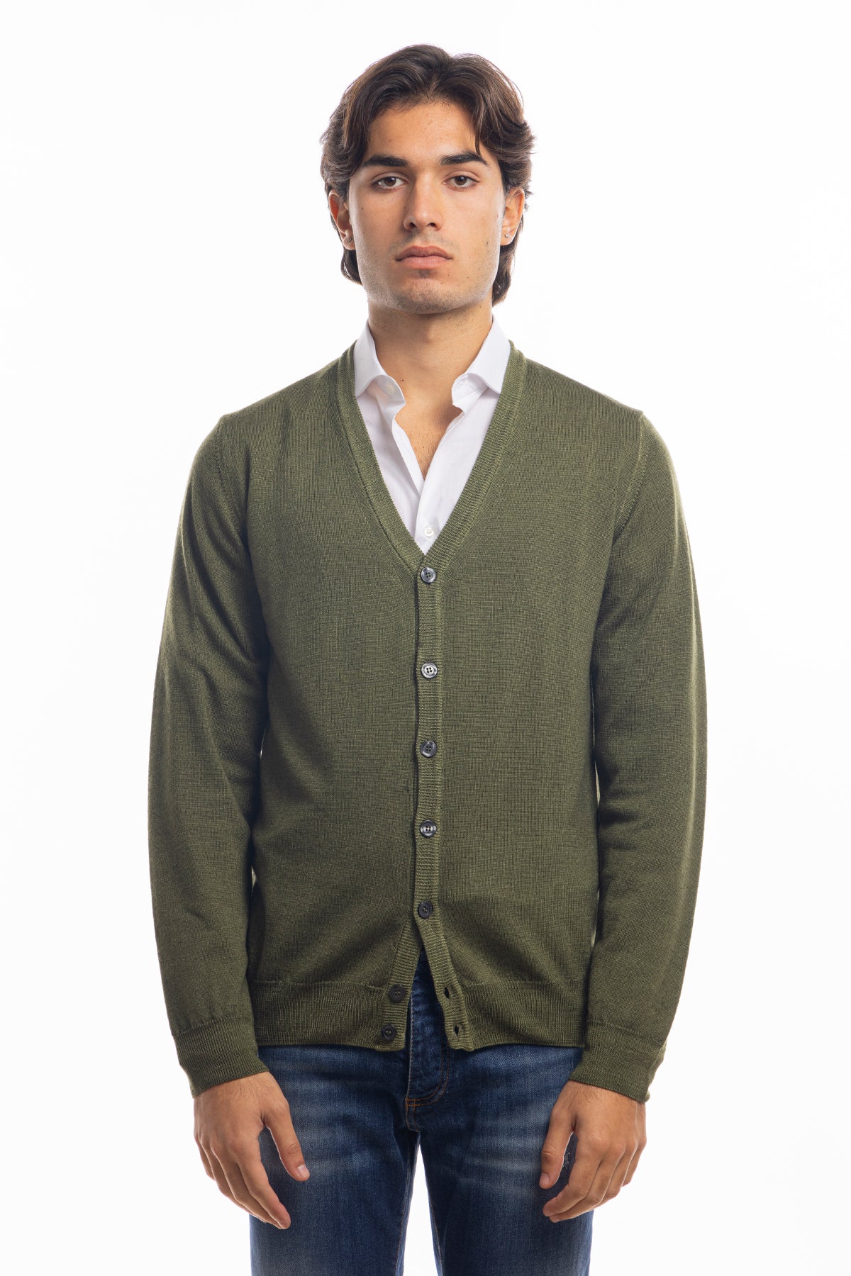 Cardigan da uomo verde militare lana merinos 100% effetto stone wash maniche lunghe