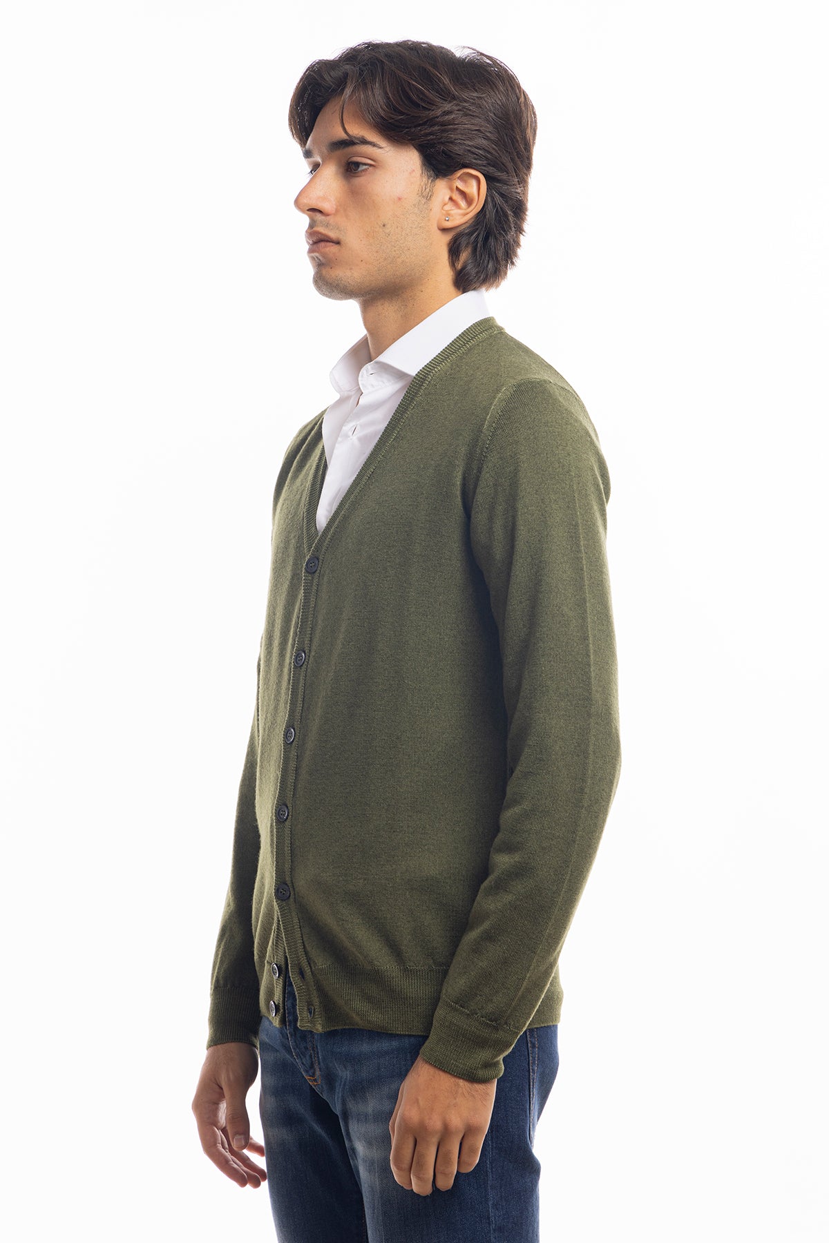Cardigan da uomo verde militare lana merinos 100% effetto stone wash maniche lunghe
