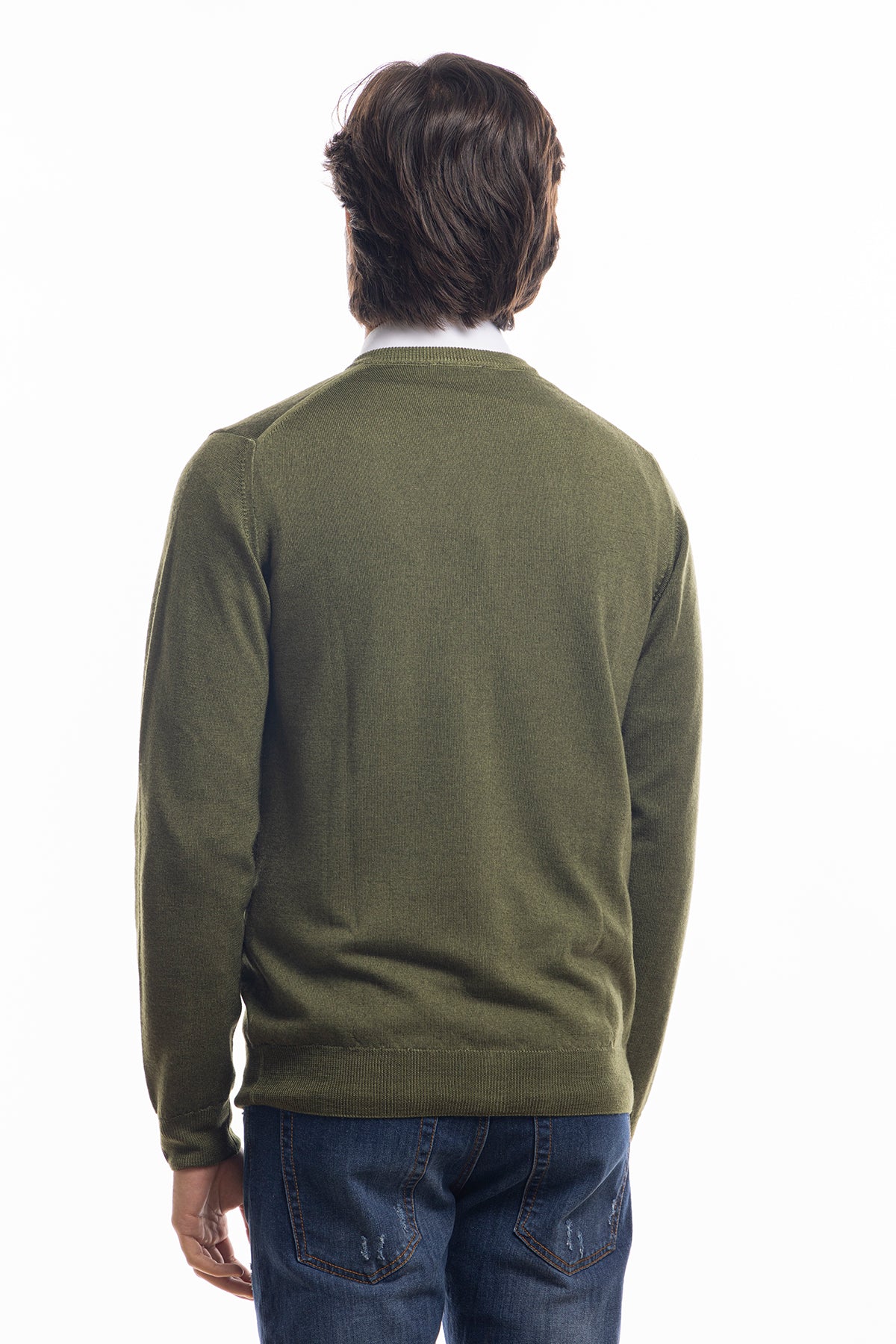 Cardigan da uomo verde militare lana merinos 100% effetto stone wash maniche lunghe