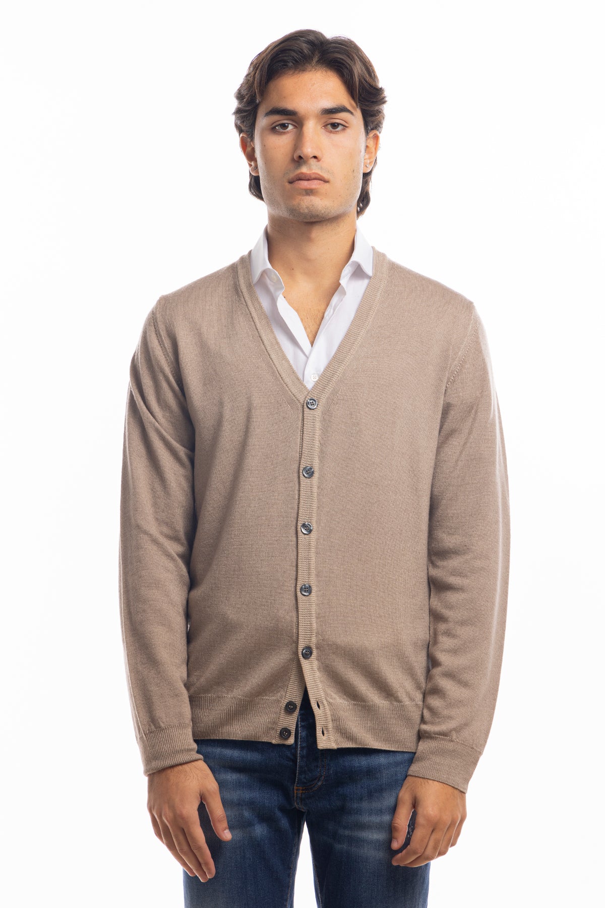 Cardigan da uomo beige lana merinos 100% effetto stone wash maniche lunghe