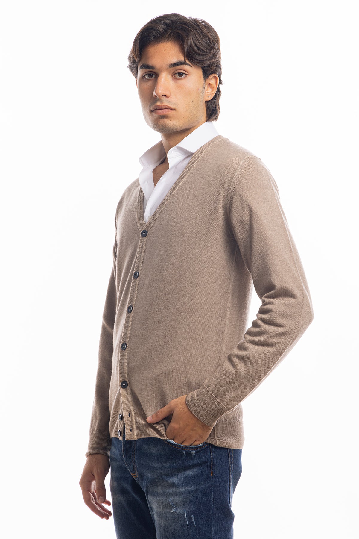 Cardigan da uomo beige lana merinos 100% effetto stone wash maniche lunghe