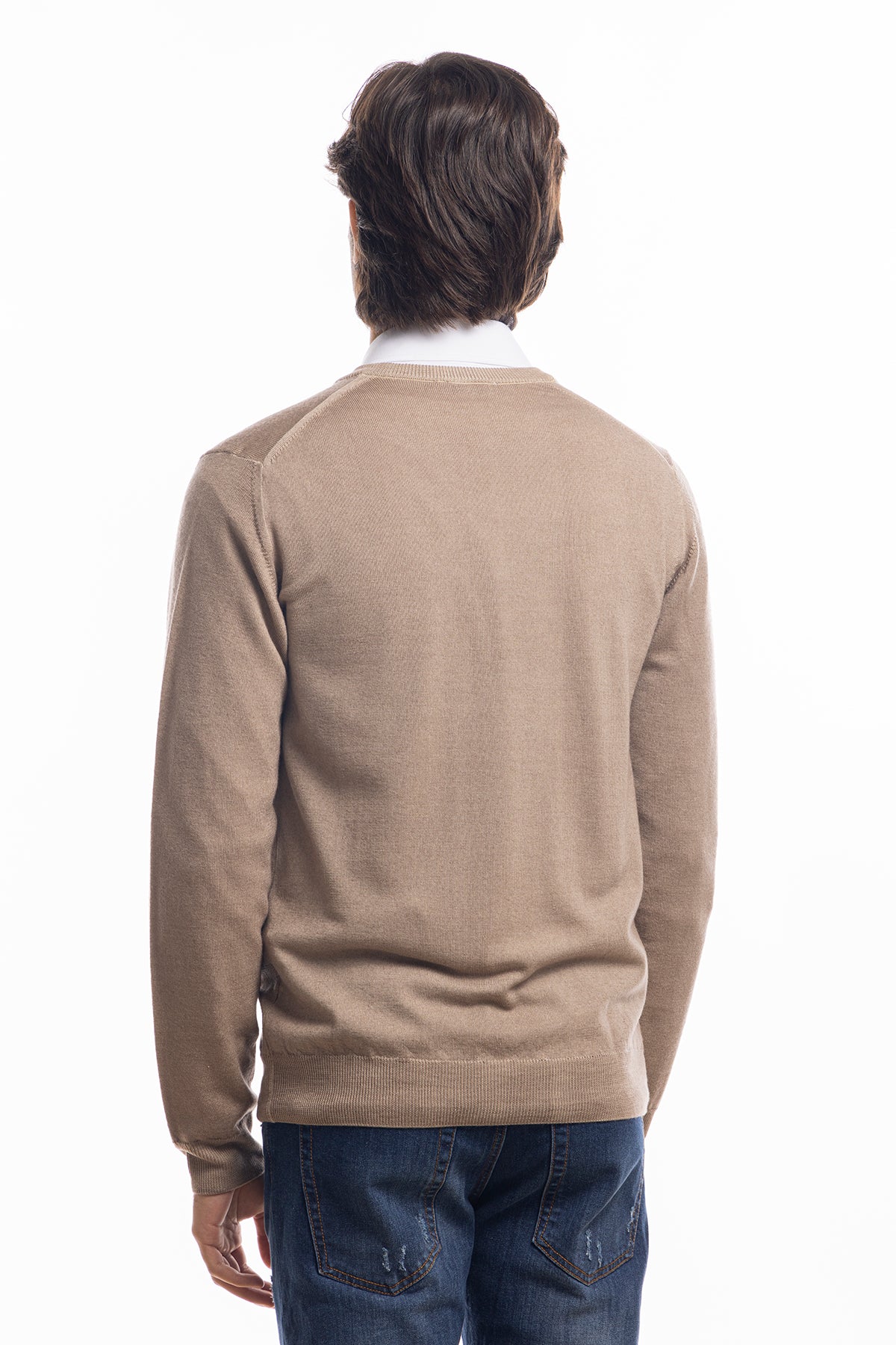 Cardigan da uomo beige lana merinos 100% effetto stone wash maniche lunghe
