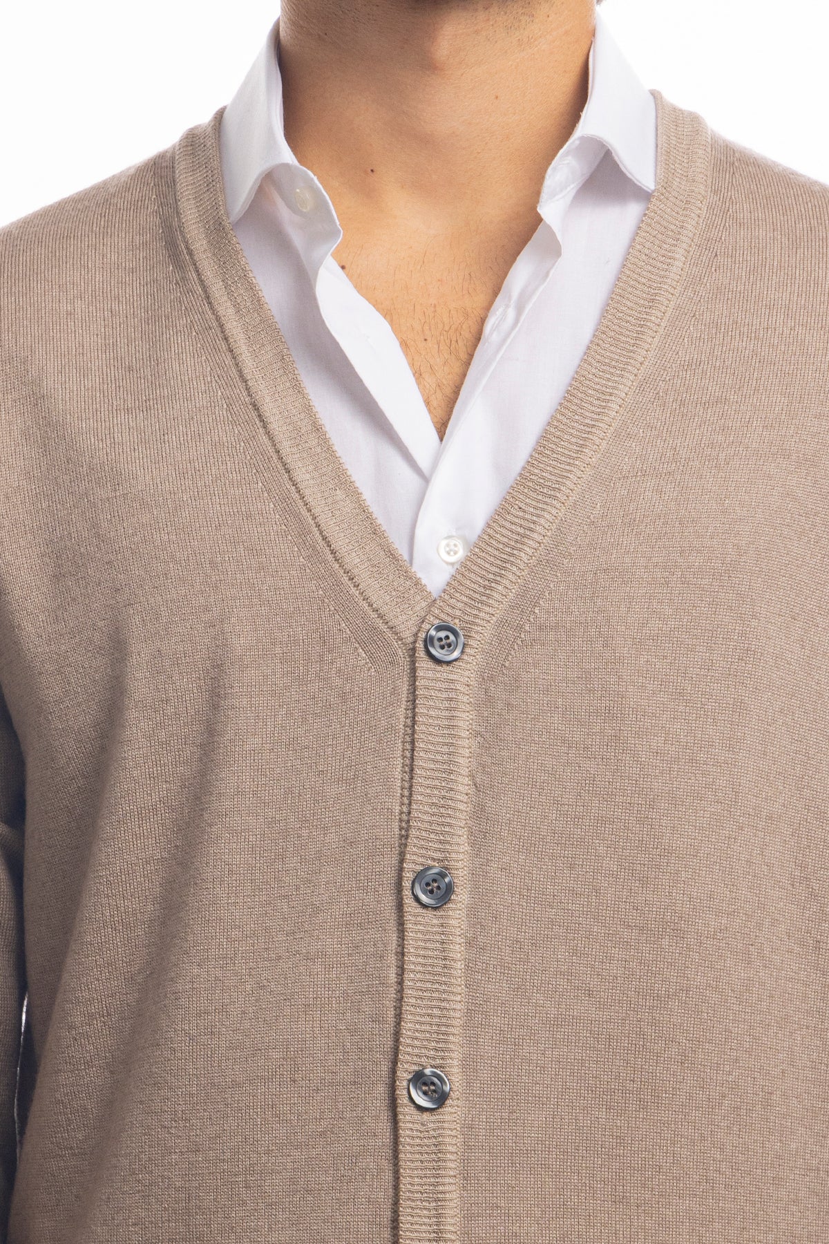 Cardigan da uomo beige lana merinos 100% effetto stone wash maniche lunghe
