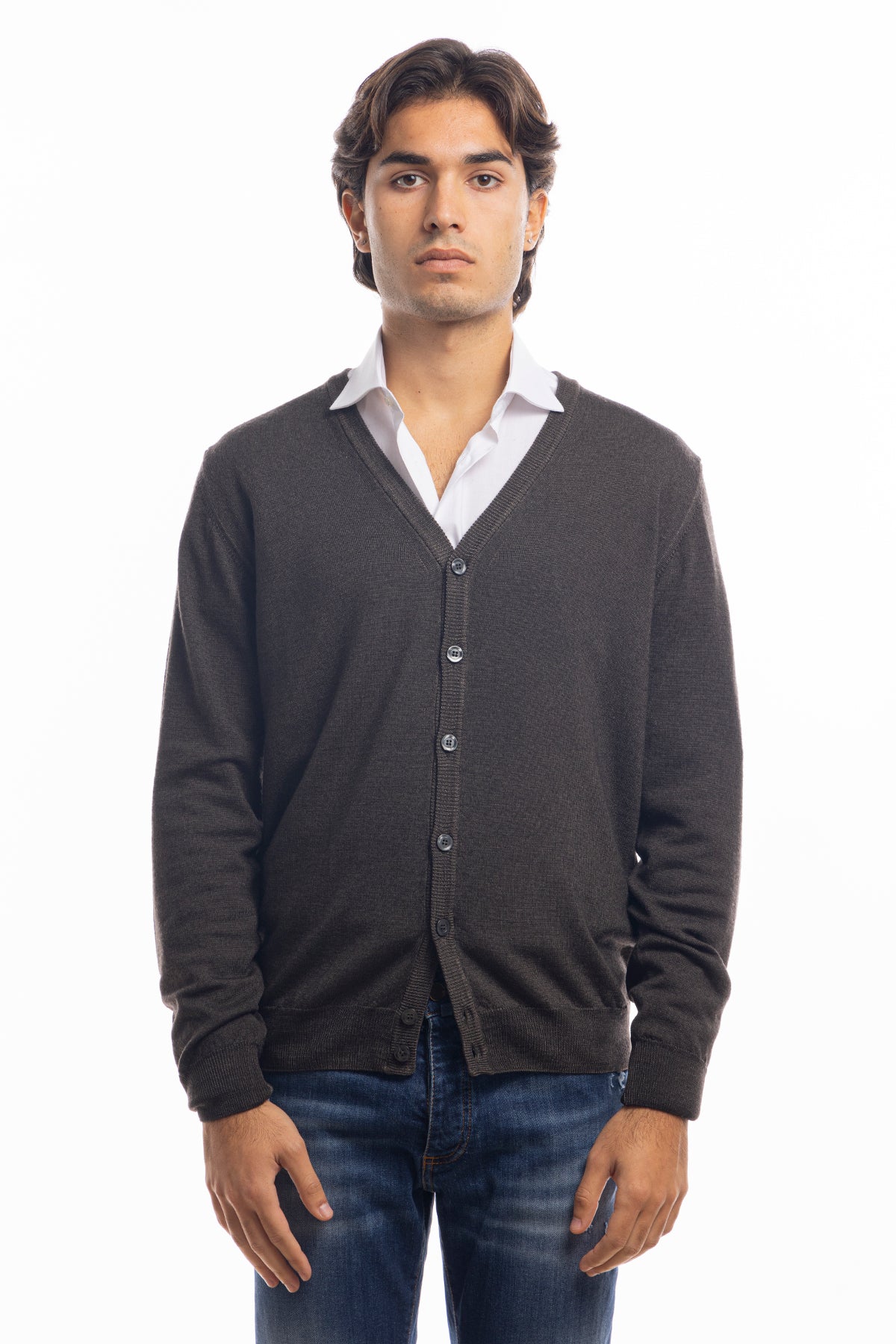 Cardigan da uomo marrone lana merinos 100% effetto stone wash maniche lunghe.