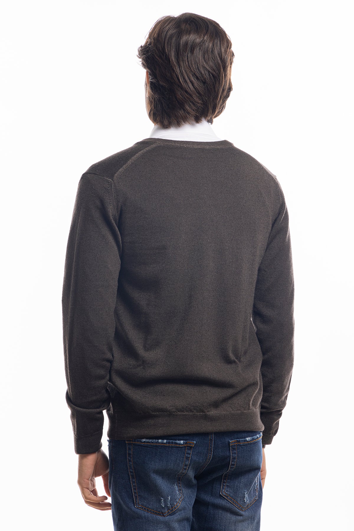 Cardigan da uomo marrone lana merinos 100% effetto stone wash maniche lunghe.