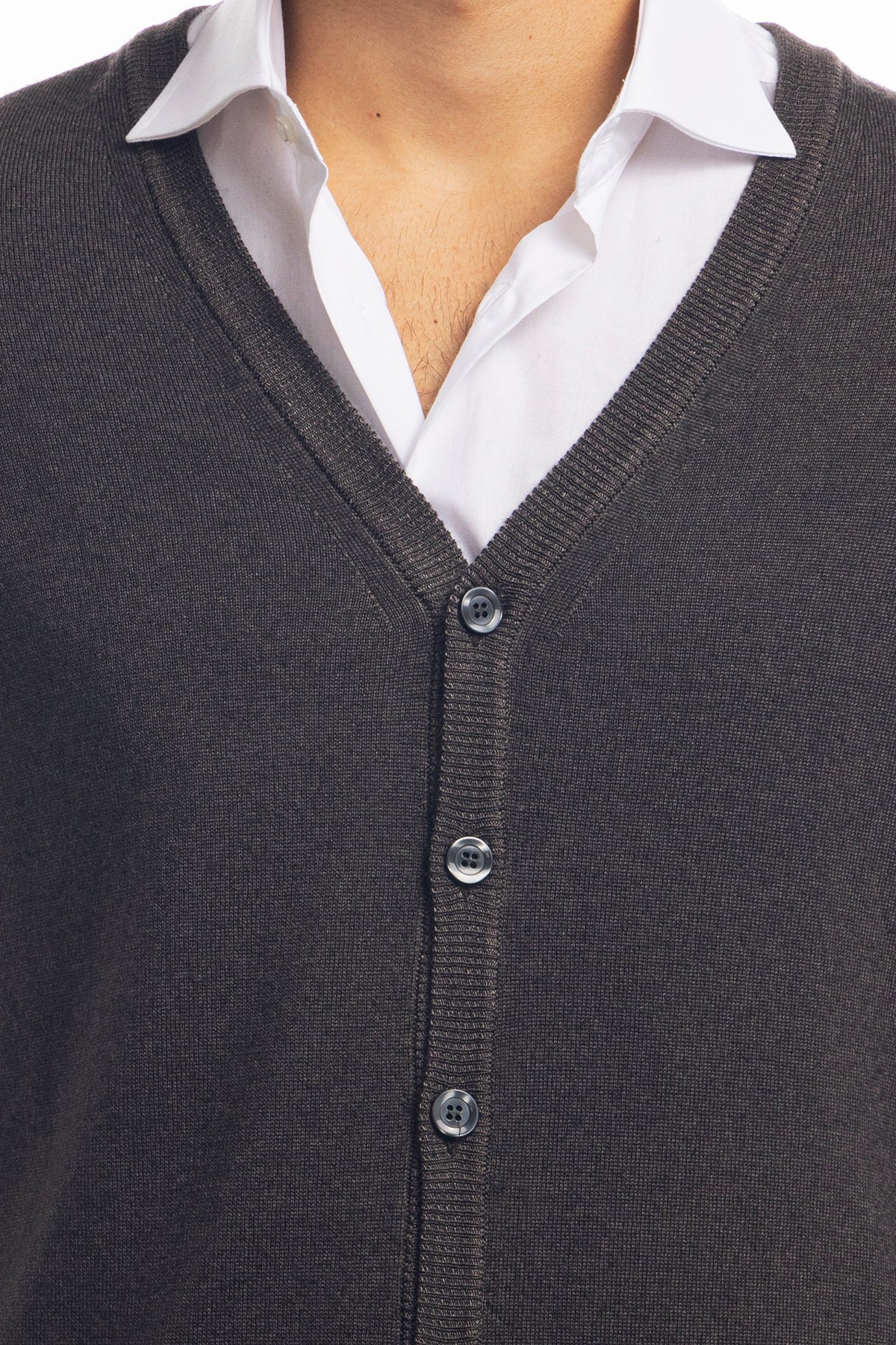 Cardigan da uomo marrone lana merinos 100% effetto stone wash maniche lunghe.