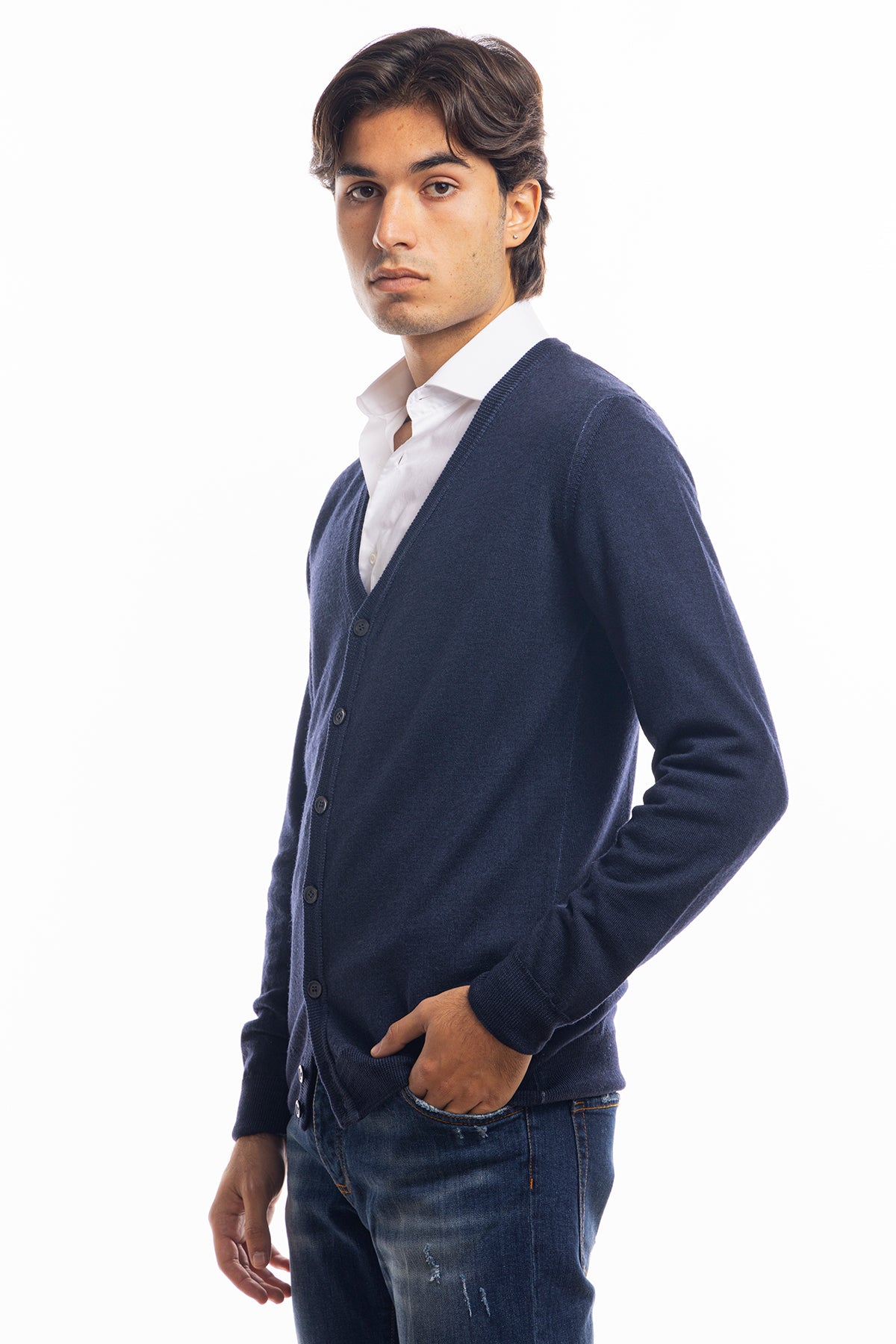 Cardigan da uomo blu marino lana merinos 100% effetto stone wash maniche lunghe