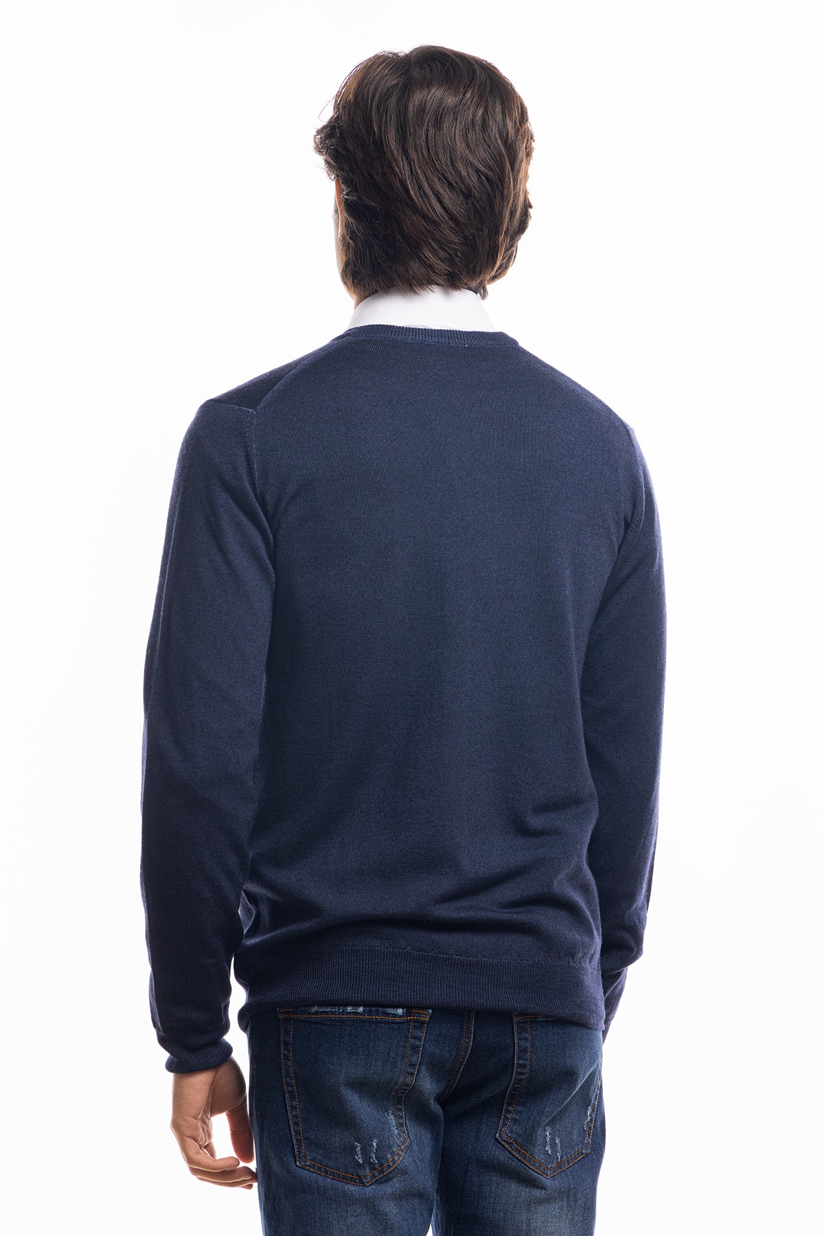 Cardigan da uomo blu marino lana merinos 100% effetto stone wash maniche lunghe