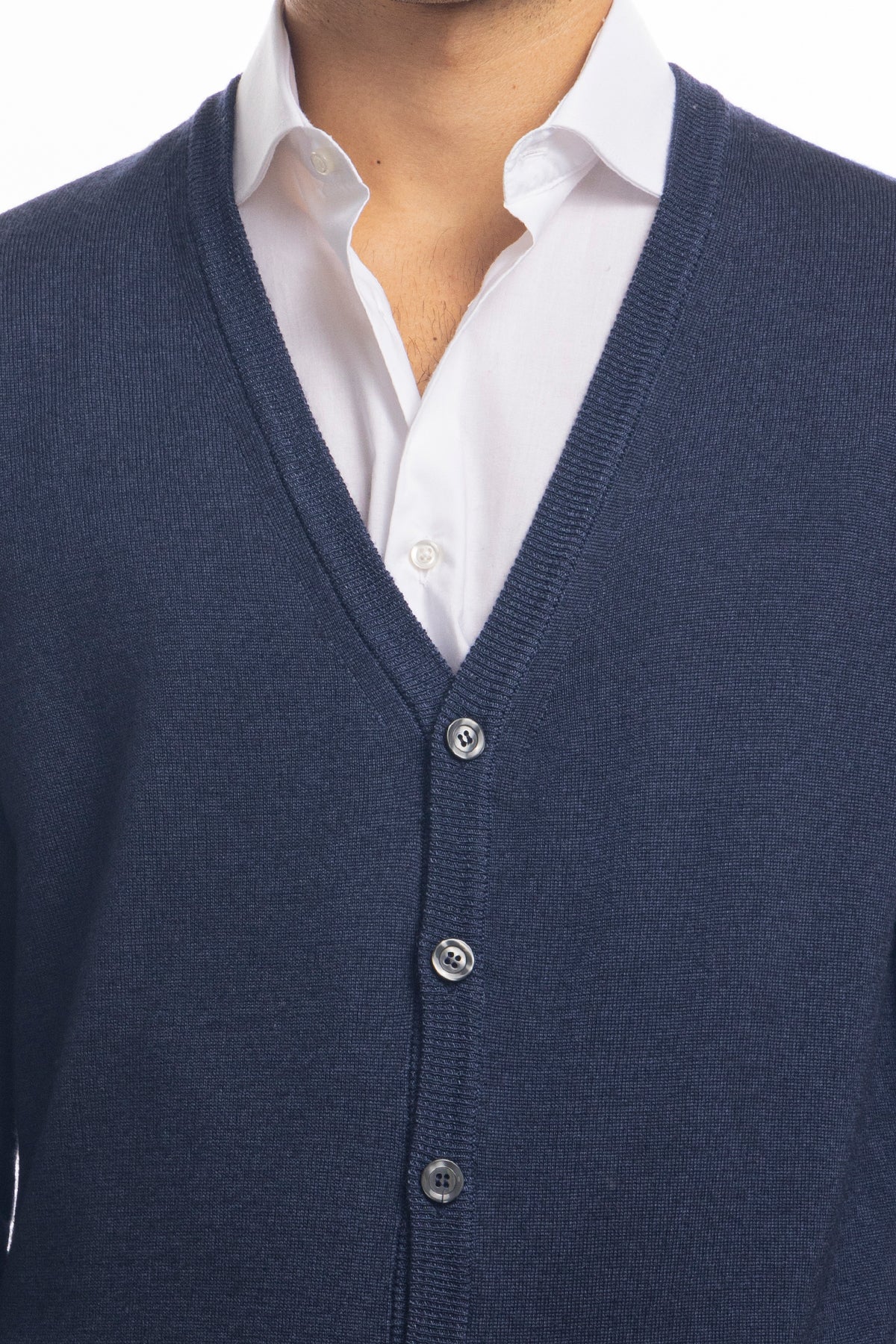 Cardigan da uomo blu marino lana merinos 100% effetto stone wash maniche lunghe