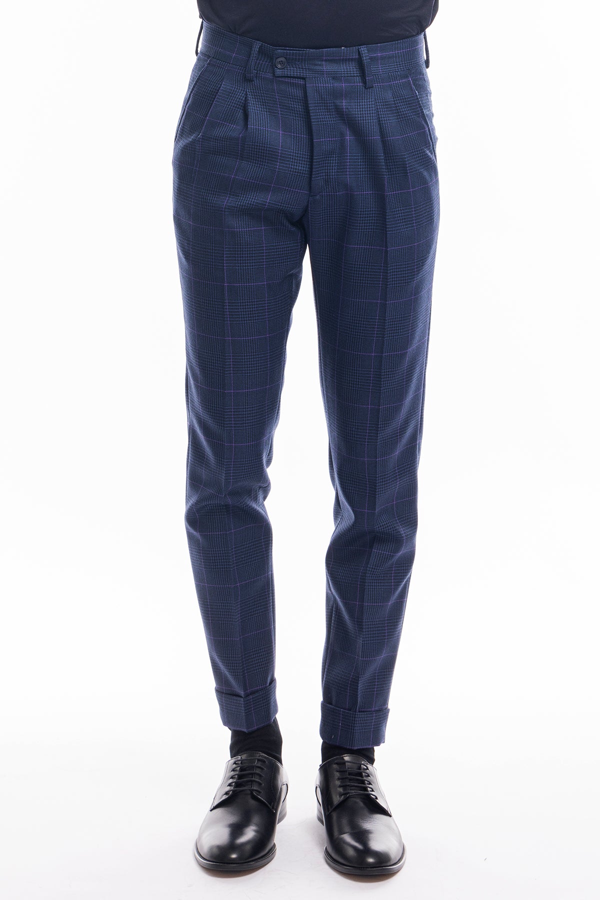 Pantalone uomo blu fantasia principe di galles in pura lana Holland & Sherry doppia pinces risvolto 5cm