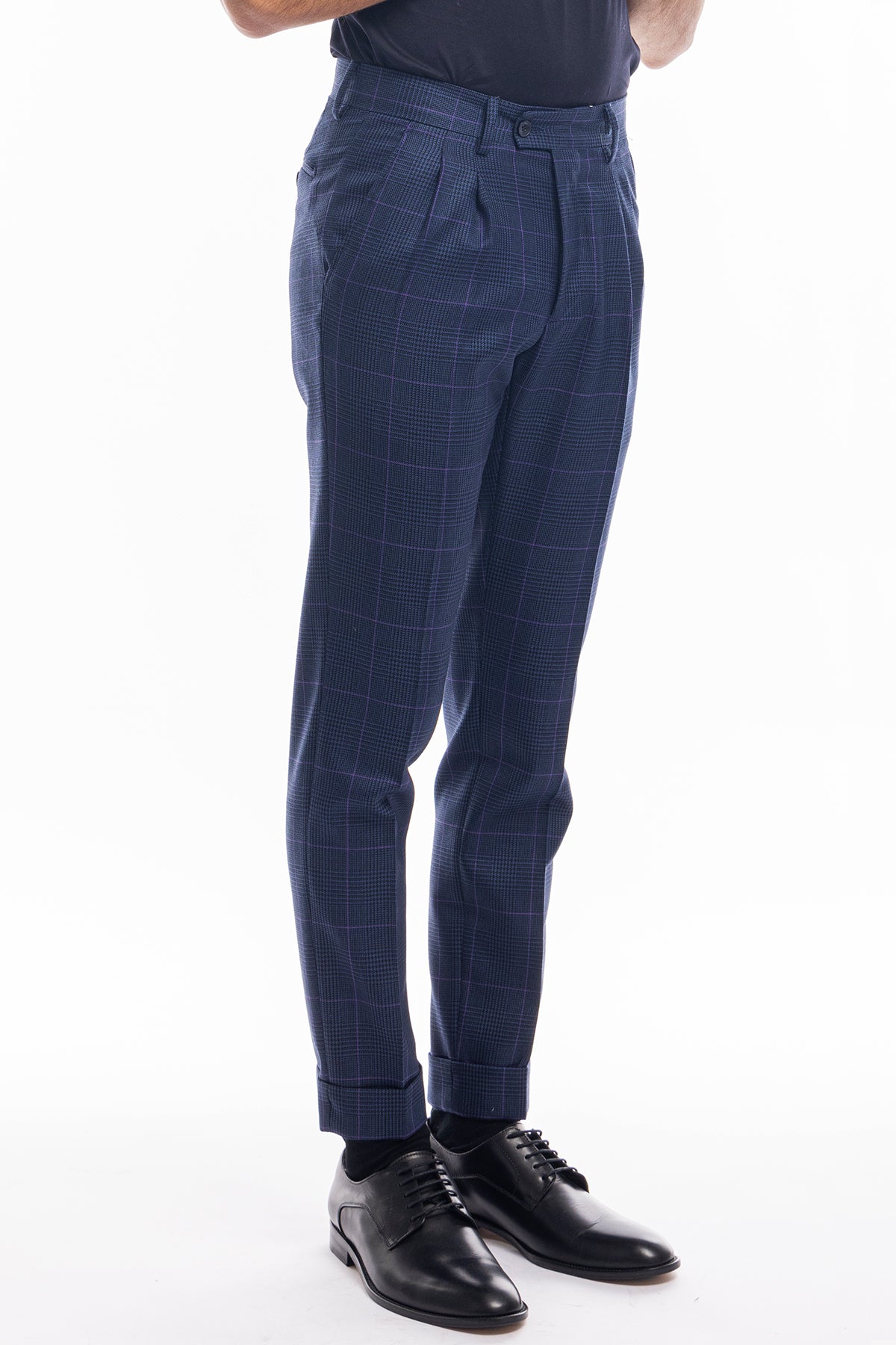 Pantalone uomo blu fantasia principe di galles in pura lana Holland & Sherry doppia pinces risvolto 5cm